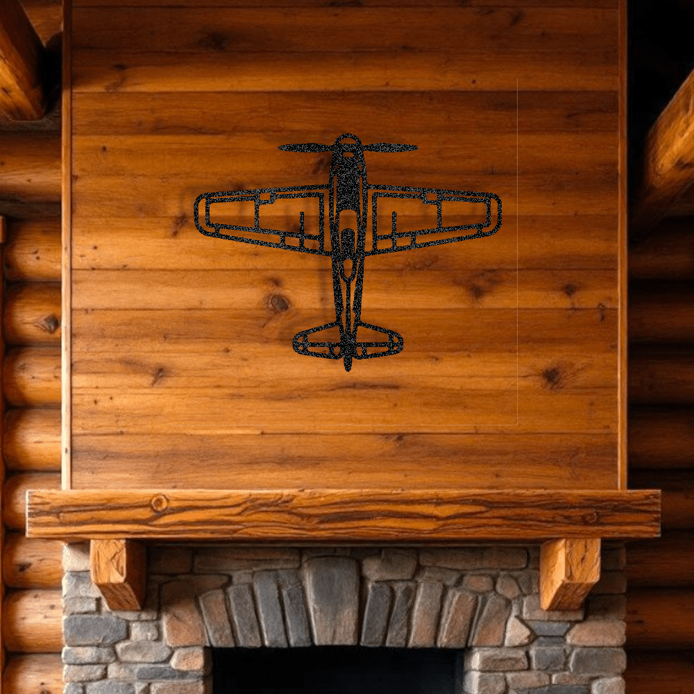 Rustic airplane metal art wall decor in retro aviation style above stone fireplace in wooden cabin