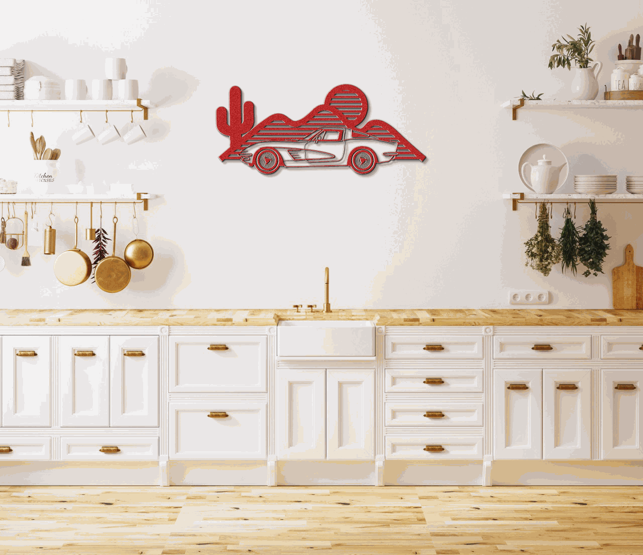 Red Corvette silhouette metal wall art mounted on white kitchen wall above sink with wooden countertops and modern decor.