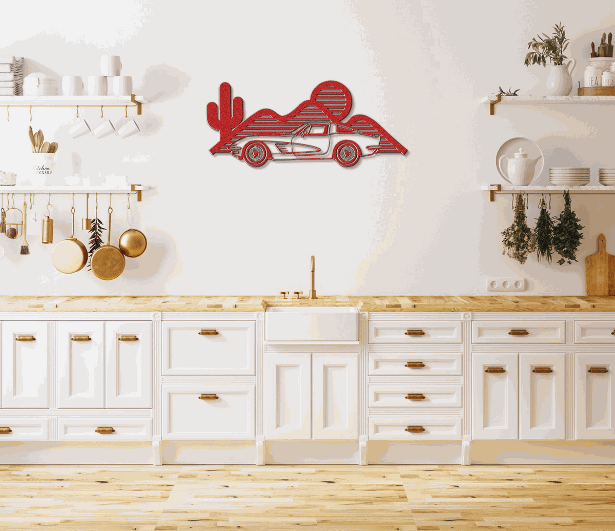 Laser-cut powder-coated steel Corvette silhouette wall art in various sizes and colors for garages and man caves