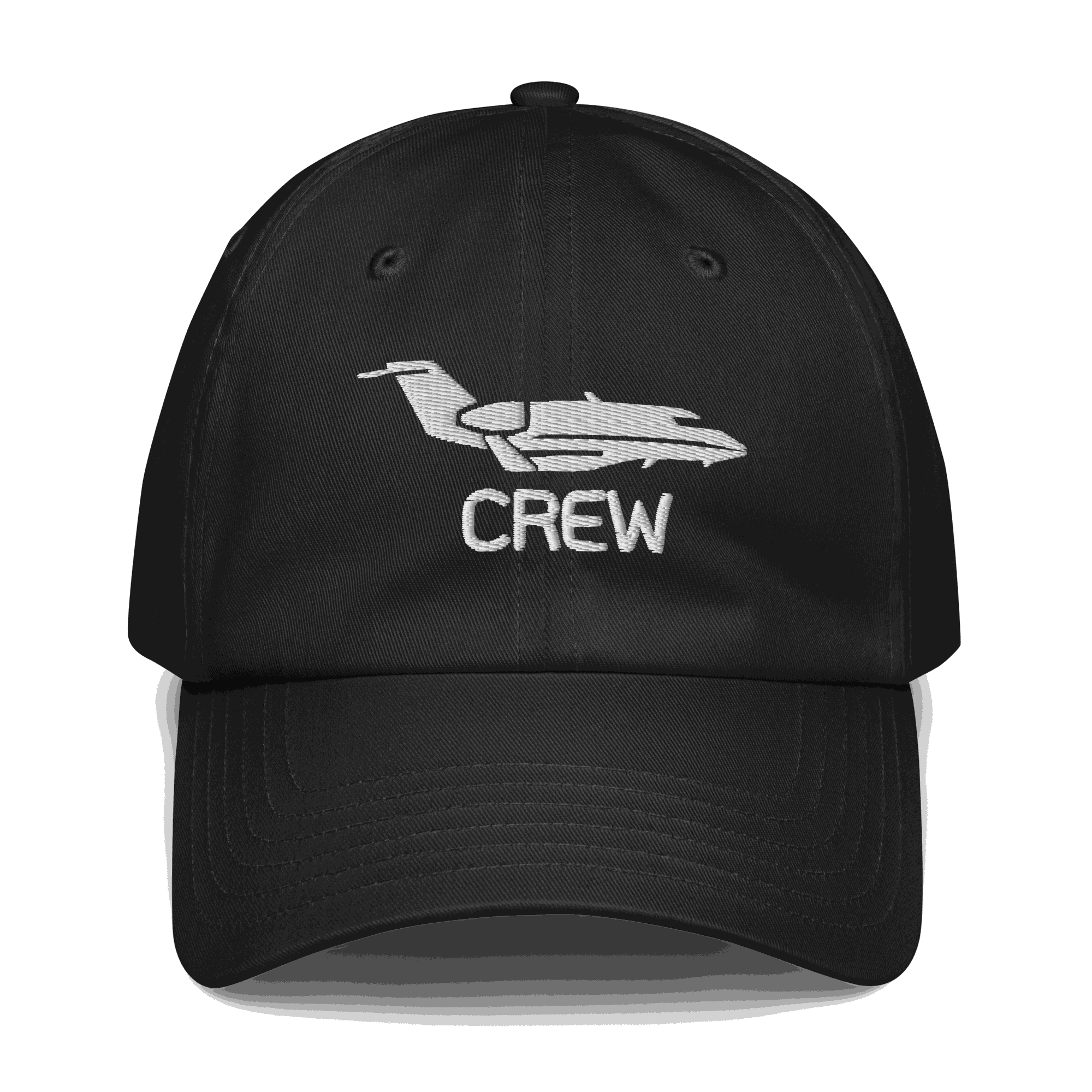 black adjustable flight crew hat with embroidered airplane and crew text