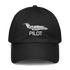 Black aviation hat with embroidered airplane and "PILOT" text, adjustable cotton twill cap