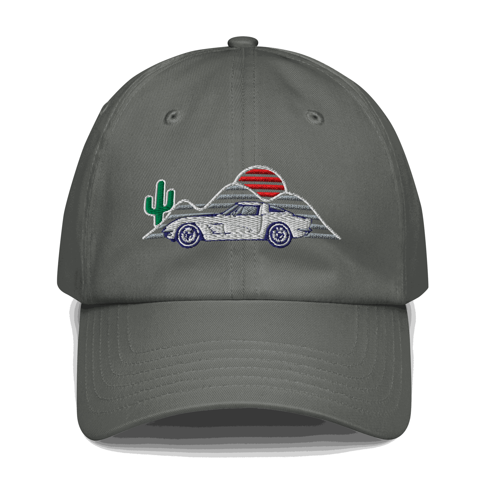Corvette Sunset Hat – Embroidered Automotive Hat Car Enthusiasts Grey