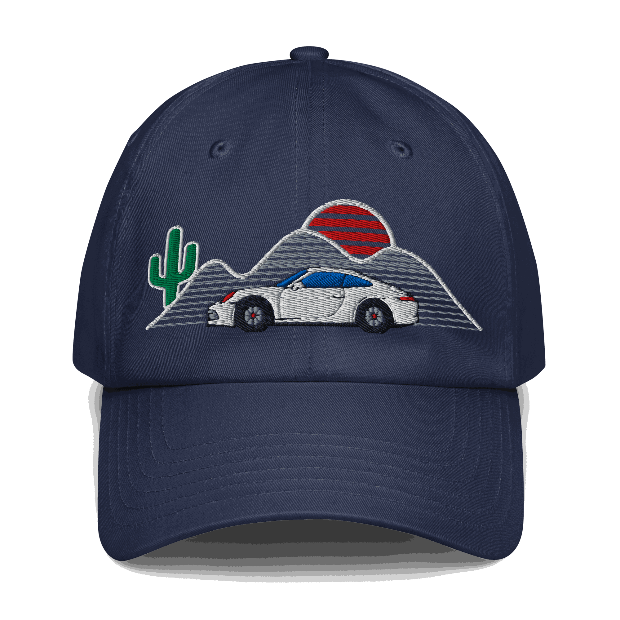 Retro classic car sunset baseball hatRetro classic car baseball hat featuring an embroidered vintage car and sunset design on a navy cap.
