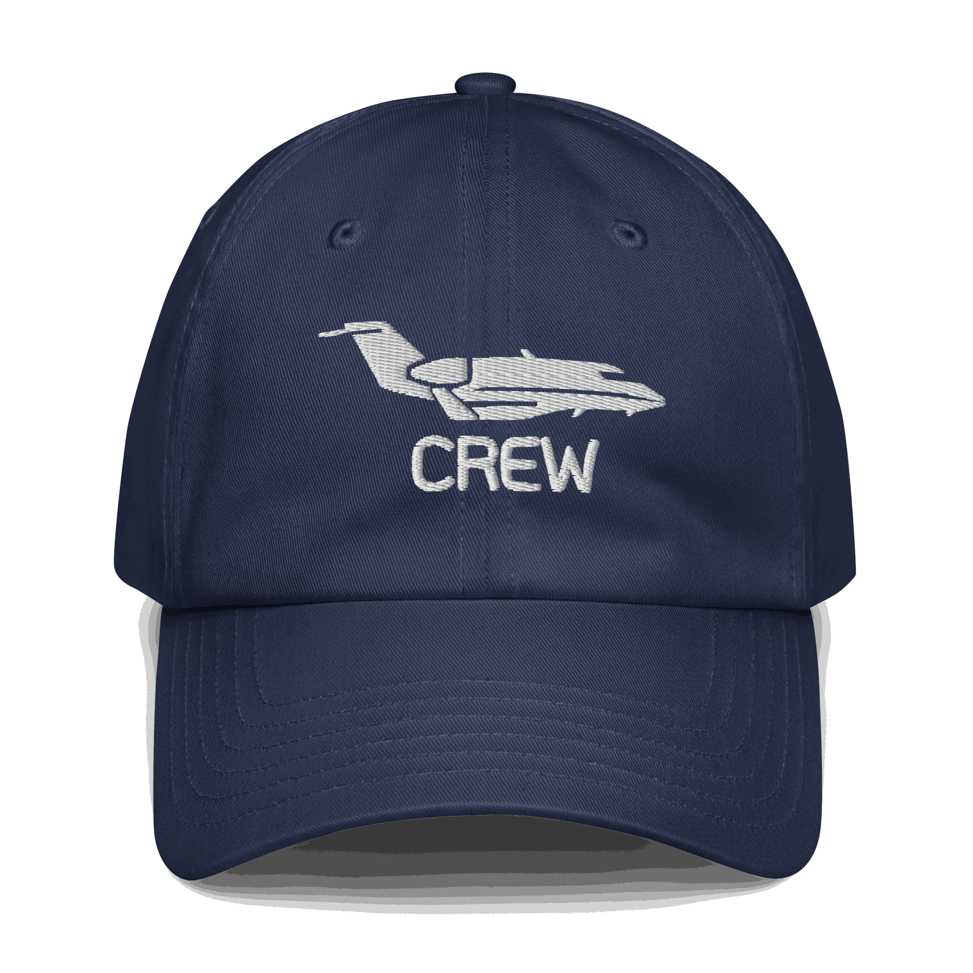 navy blue adjustable flight crew hat with embroidered plane and crew text, unstructured cotton twill baseball cap