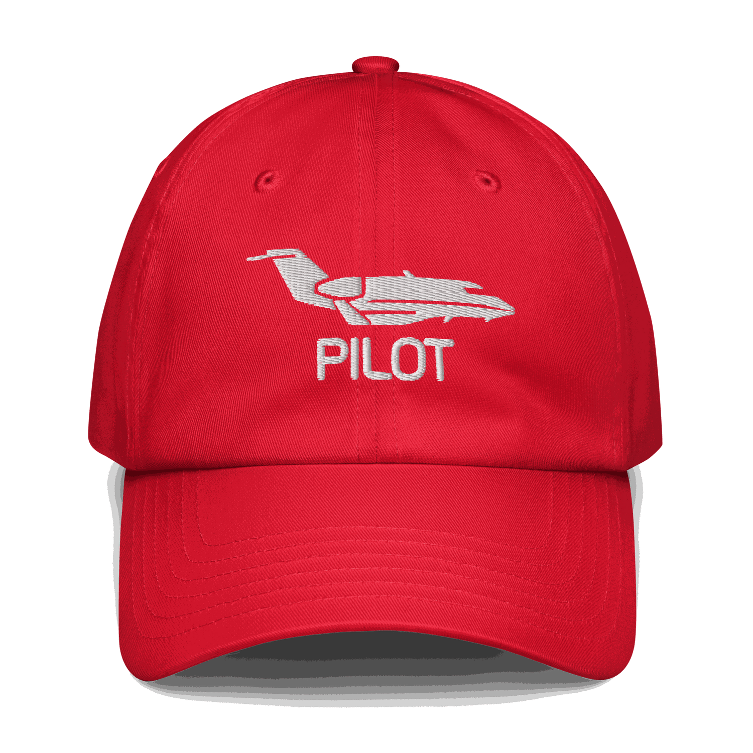 Red aviation hat with embroidered airplane and "PILOT" text, adjustable cotton twill cap