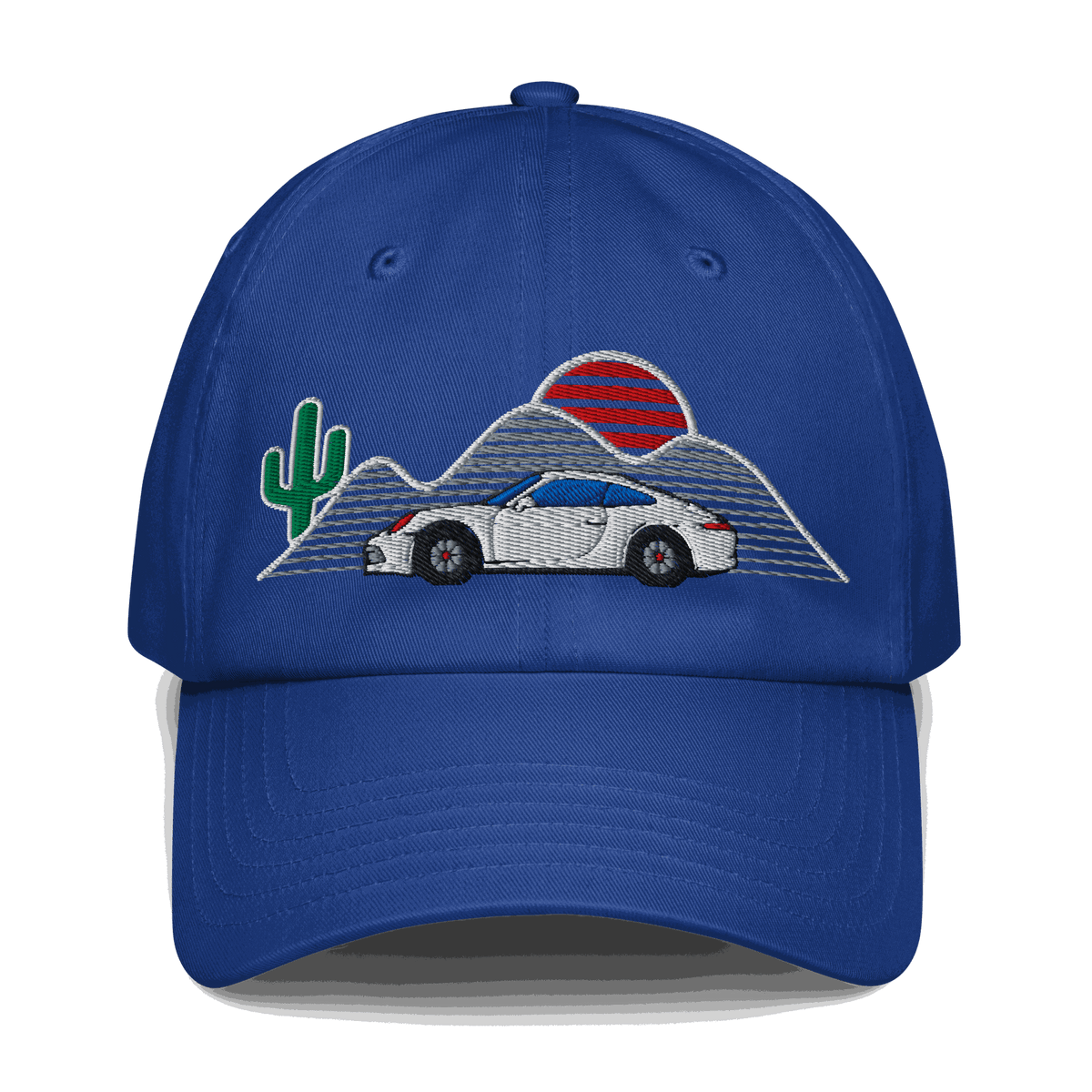 Blue retro classic car sunset baseball hat with embroidered vintage car, sunset, cactus, and mountain design