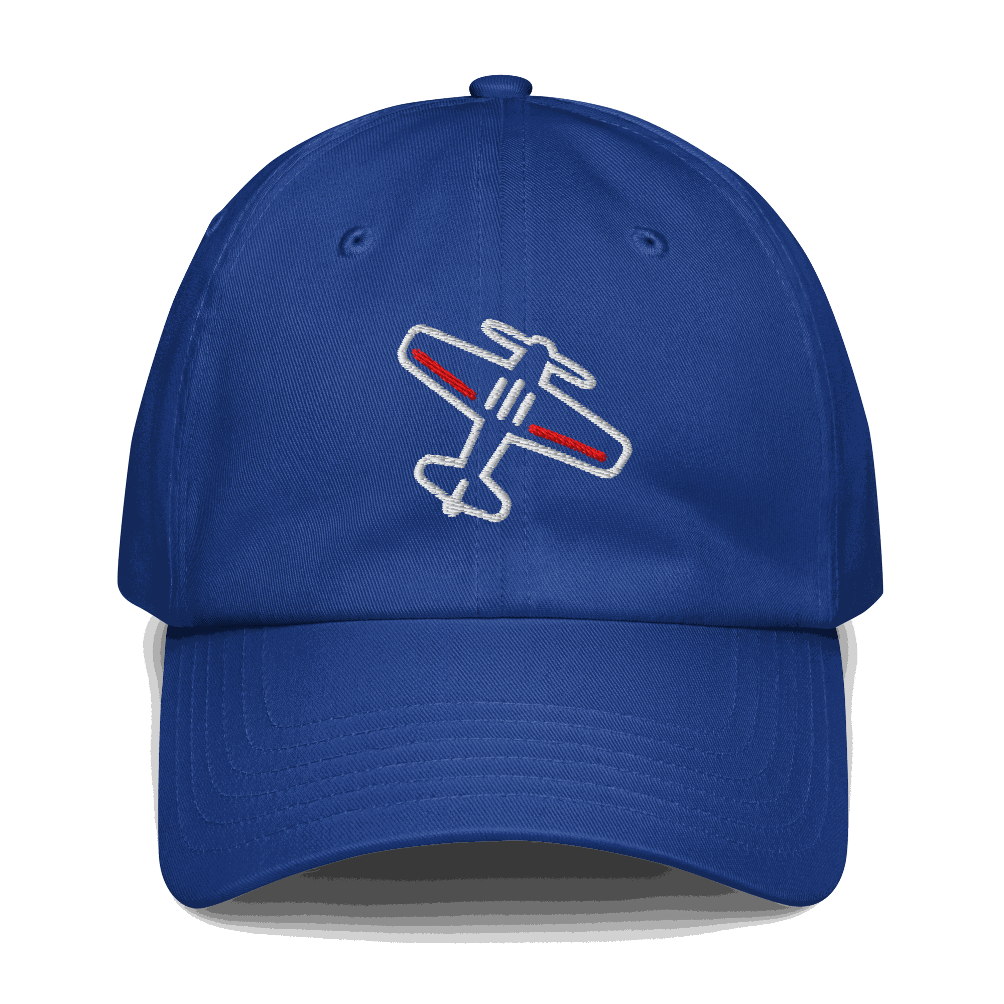 Blue aviation pilot hat with embroidered airplane design and adjustable strap