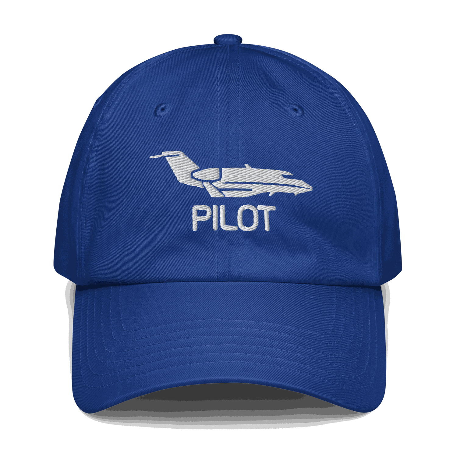 Blue aviation hat with embroidered airplane and "PILOT" text, adjustable cotton twill cap