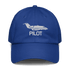 Blue aviation hat with embroidered airplane and "PILOT" text, adjustable cotton twill cap