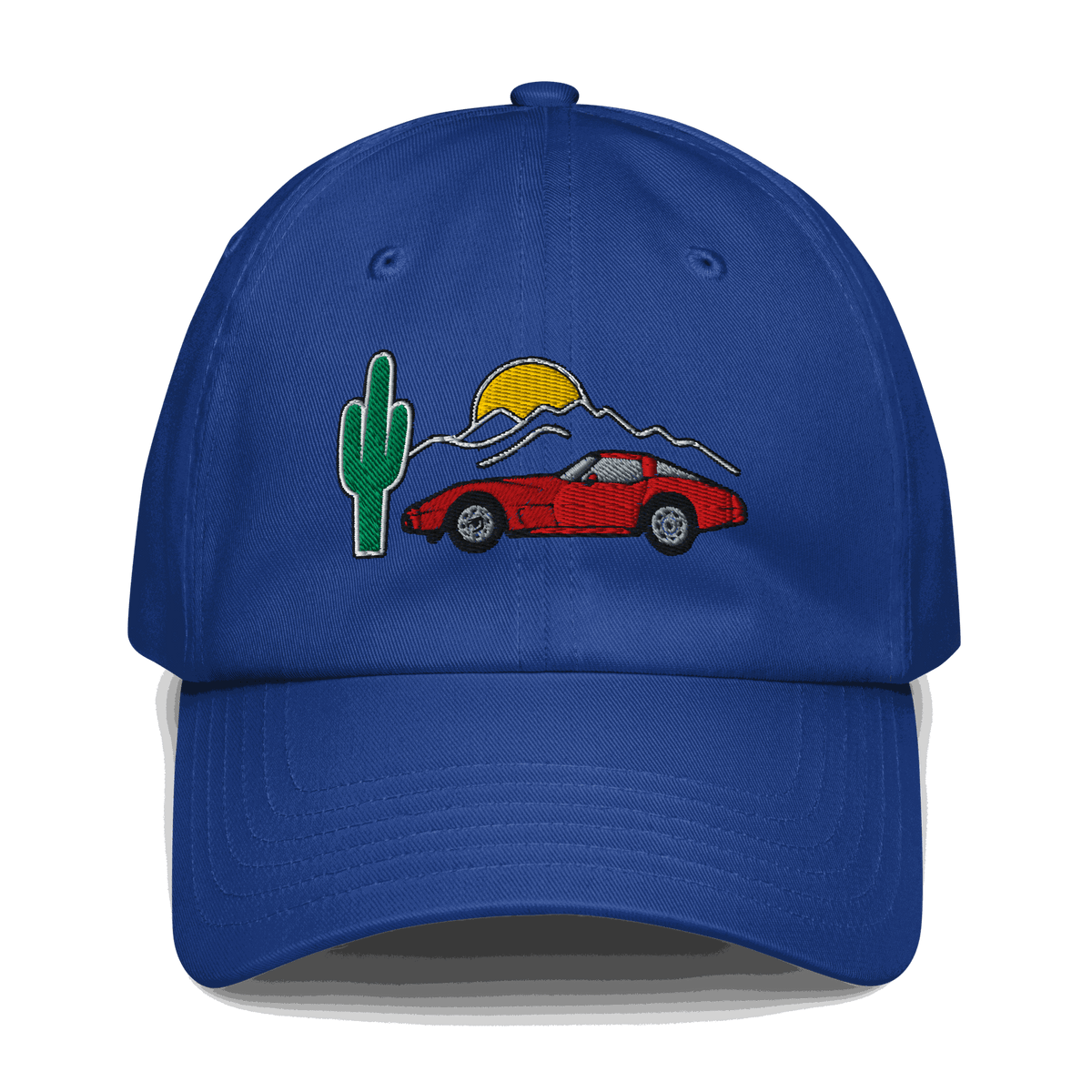 Blue Corvette Sunset Hat with embroidered red Corvette car, cactus, and sunset design