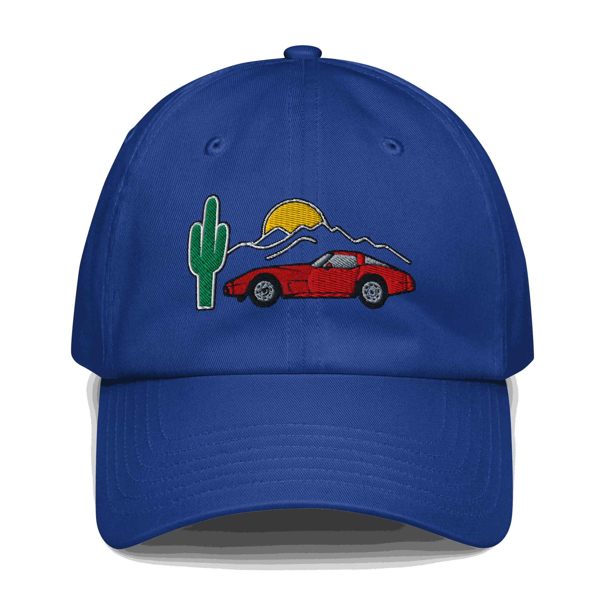 Blue Corvette Sunset Hat with embroidered red Corvette car, cactus, and sunset design