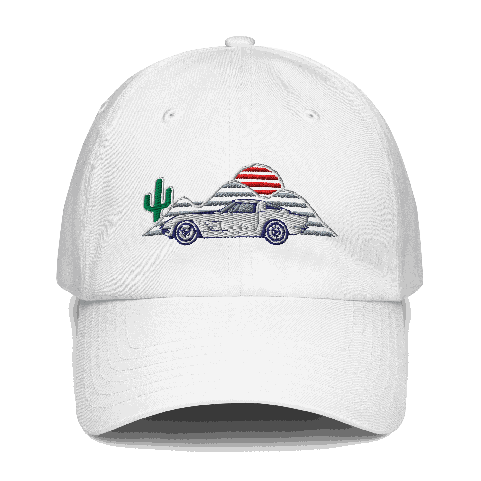 Corvette Sunset Hat Corvette embroidered hat featuring a classic car design with sunset and cactus embroidery.