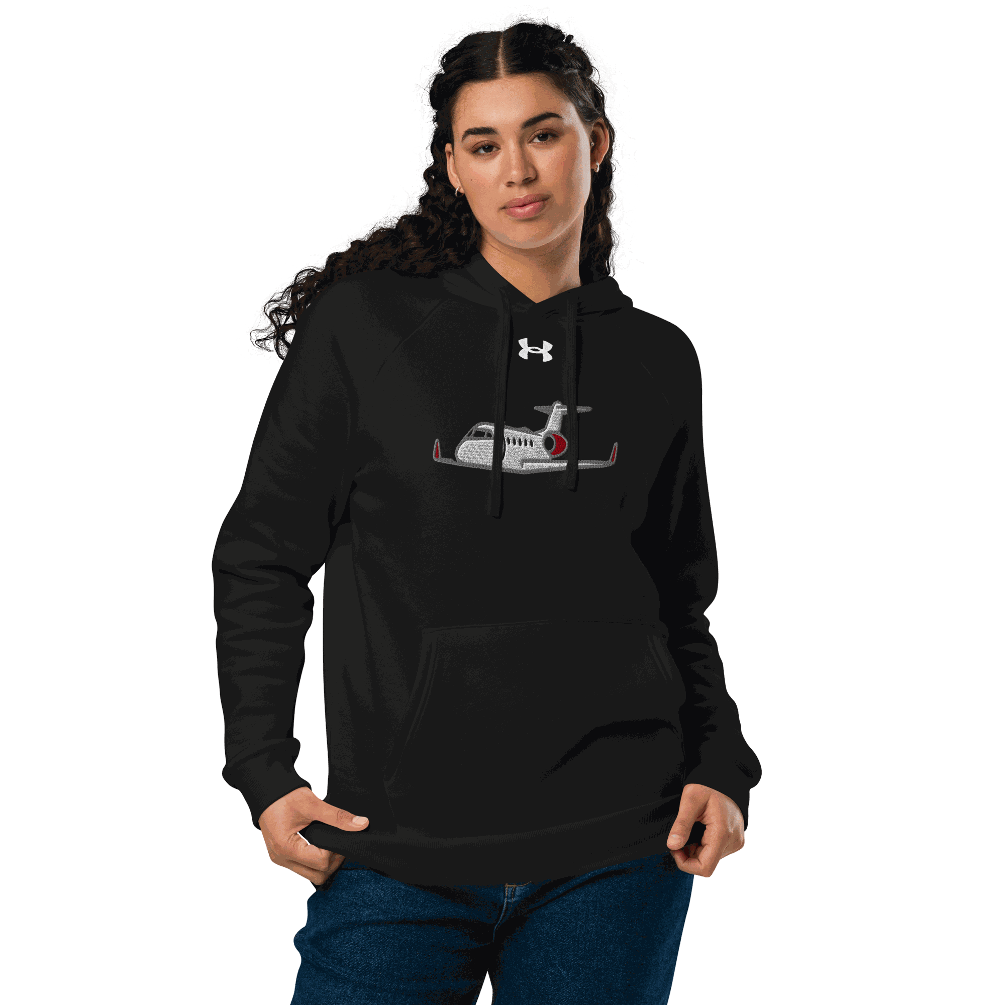 Jet Set Under Armour® hoodie in black with plane graphic, soft cotton-blend fleece, relaxed unisex fit, front pouch pocket, and embroidered logo