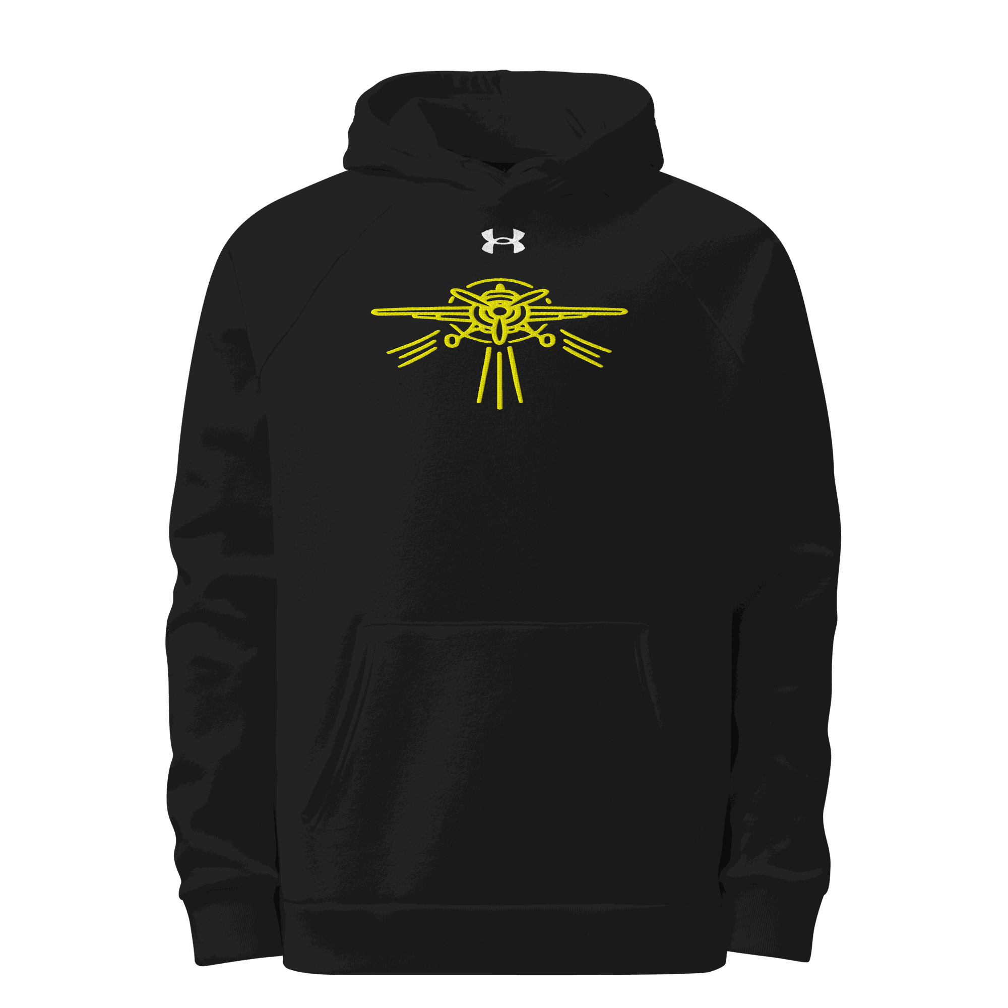 Black Prop Plane Under Armour® hoodie with yellow airplane graphic and front pouch pocket