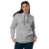 Jet Set Under Armour hoodie in grey with plane graphic, front pouch pocket, and relaxed fit on woman model