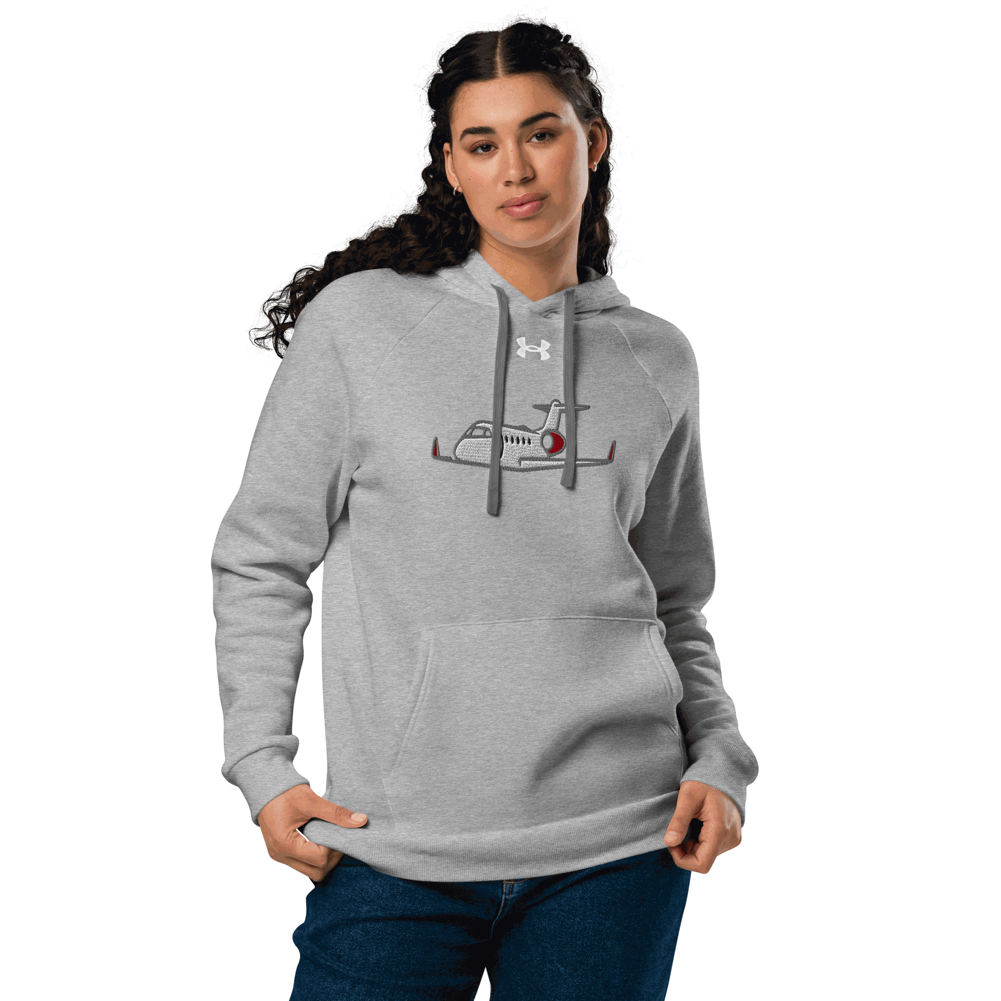 Jet Set Under Armour® hoodie in grey fleece with airplane graphic and front pouch pocket worn by woman