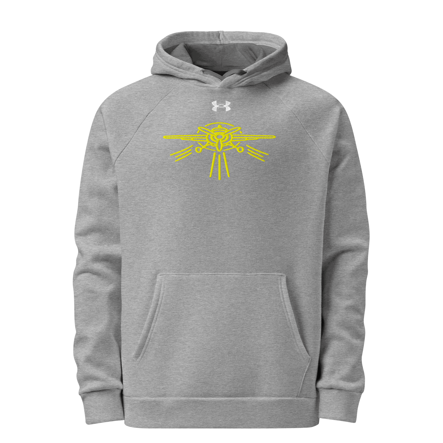 Gray Prop Plane Under Armour® hoodie with yellow plane graphic and front pouch pocket