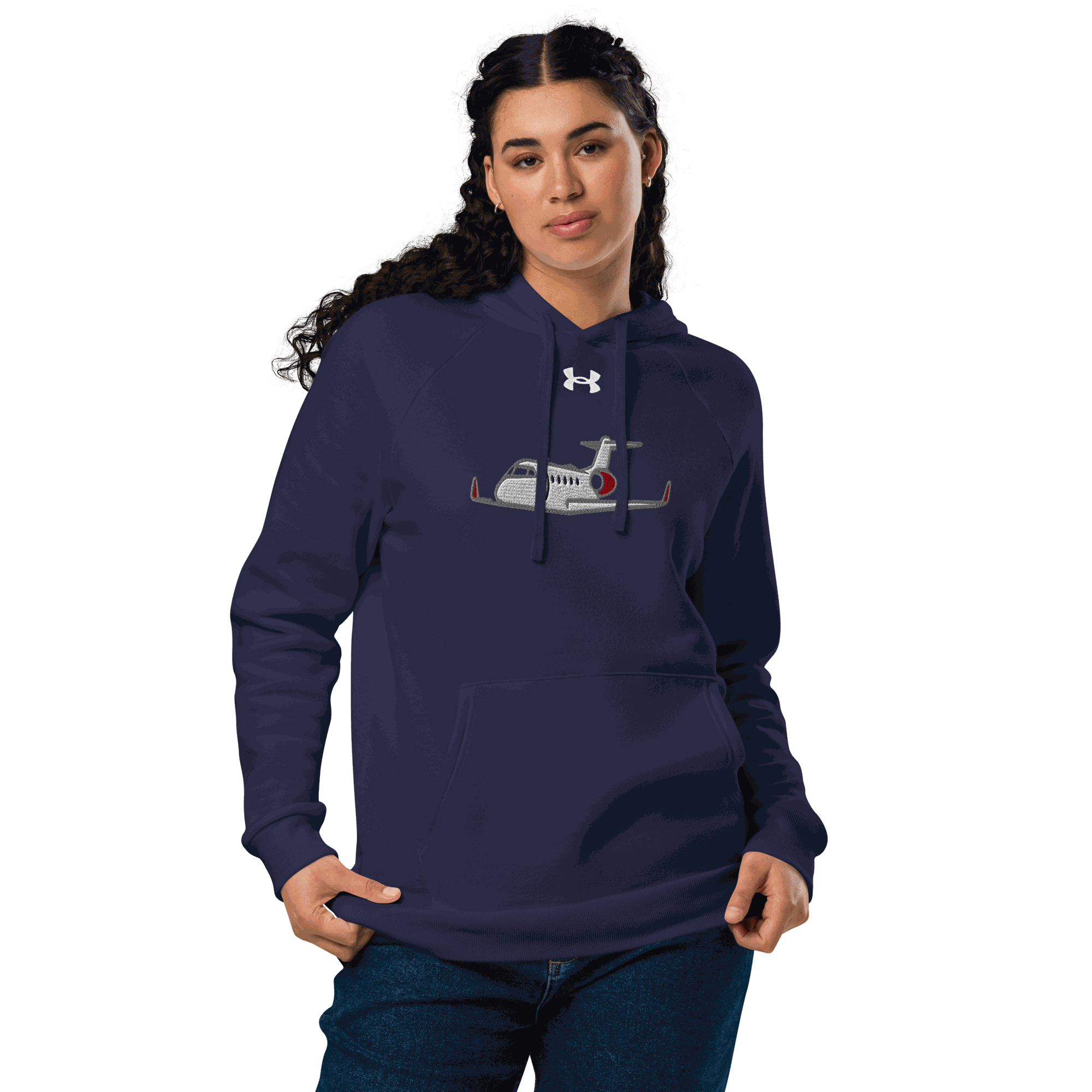 Jet Set Under Armour® hoodie in navy blue with front pouch pocket and embroidered logo worn by woman