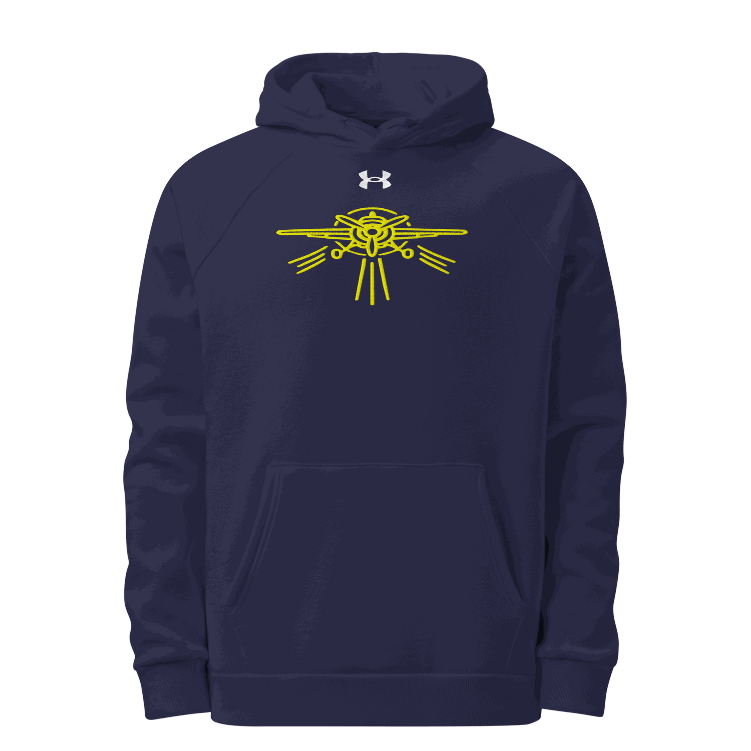 Navy blue Prop Plane Under Armour® hoodie with yellow prop plane graphic and front pouch pocket