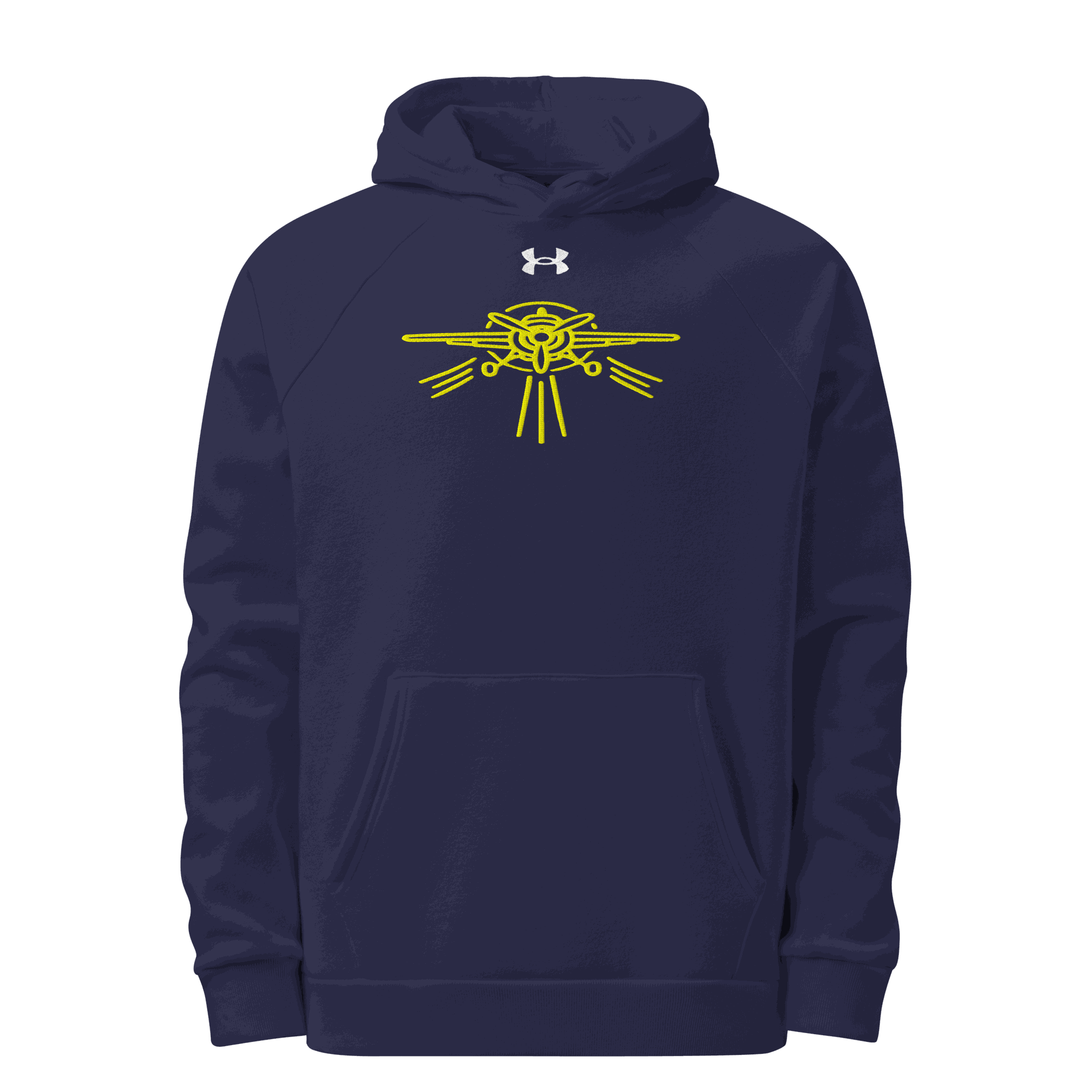 Navy Prop Plane Under Armour® hoodie with yellow plane graphic, soft cotton-blend fleece, front pouch pocket, and embroidered logo.