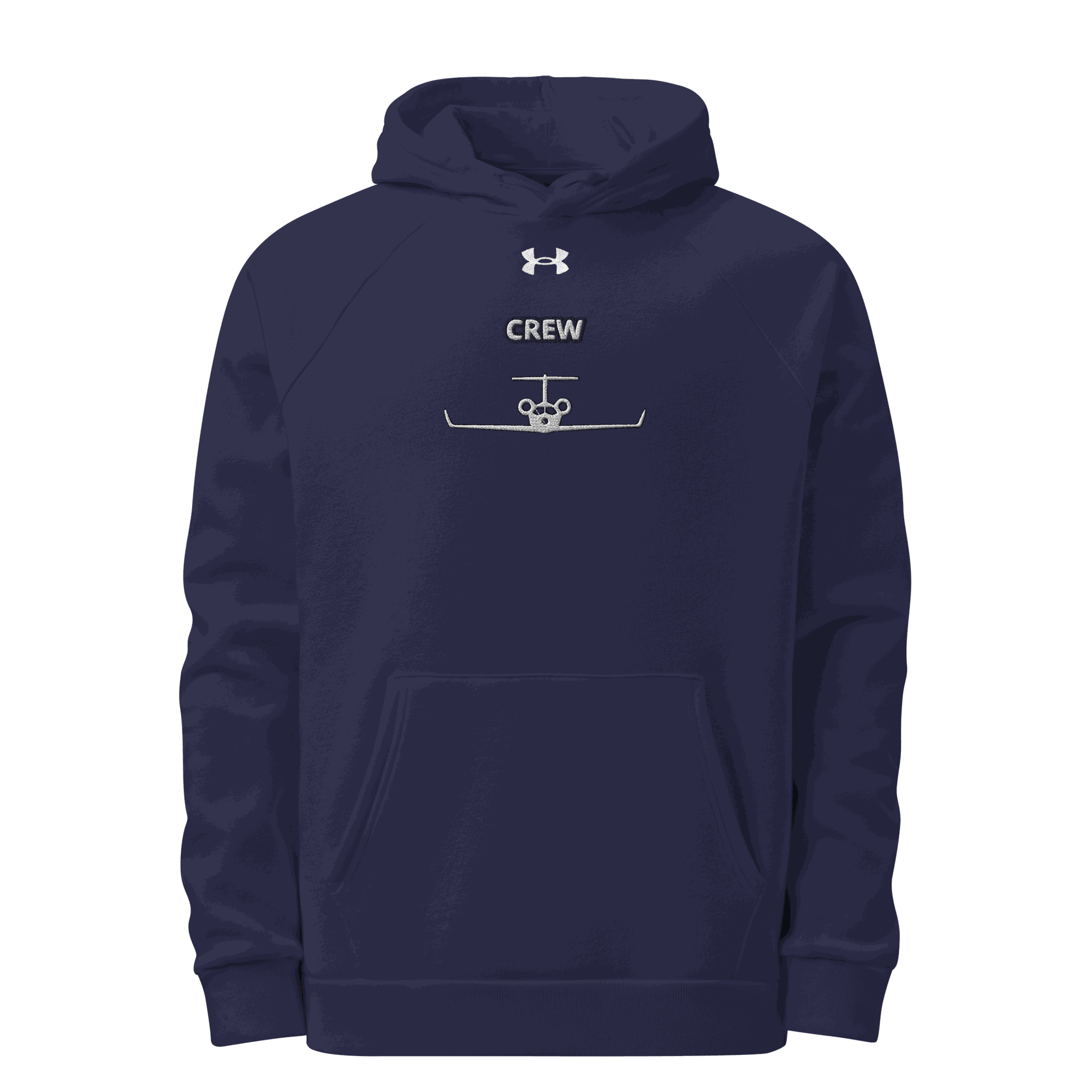 Jet Set Crew Hoodie front view with embroidered Under Armour logo and pouch pocket in soft cotton-blend fleece