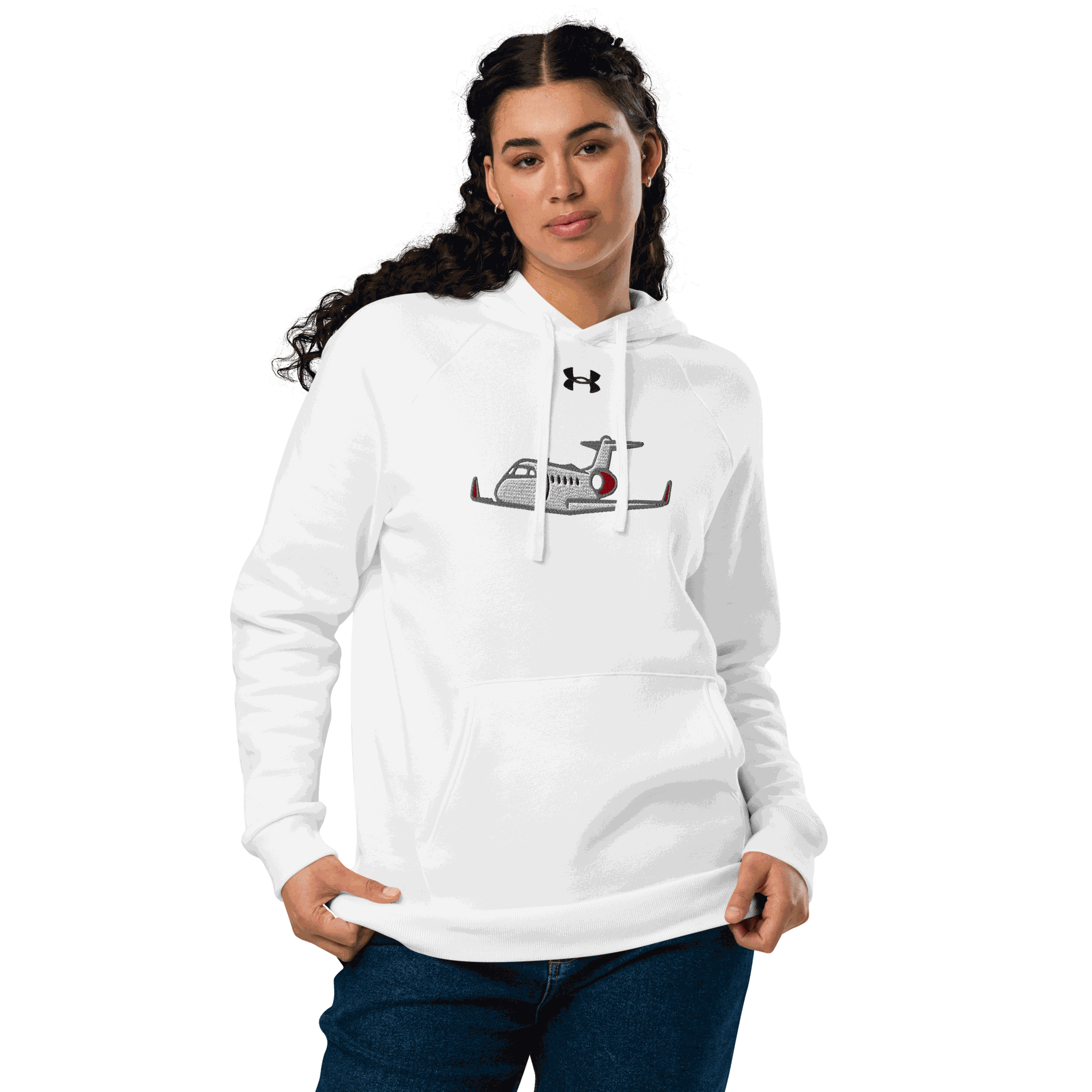 Jet Set Under Armour® hoodie white fleece comfortable relaxed fit with front pouch pocket and embroidered logo