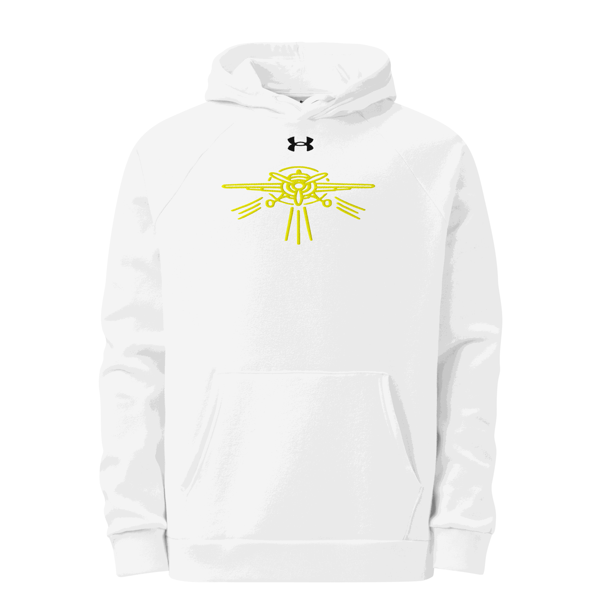 White Prop Plane Under Armour® hoodie with yellow airplane design and front pouch pocket