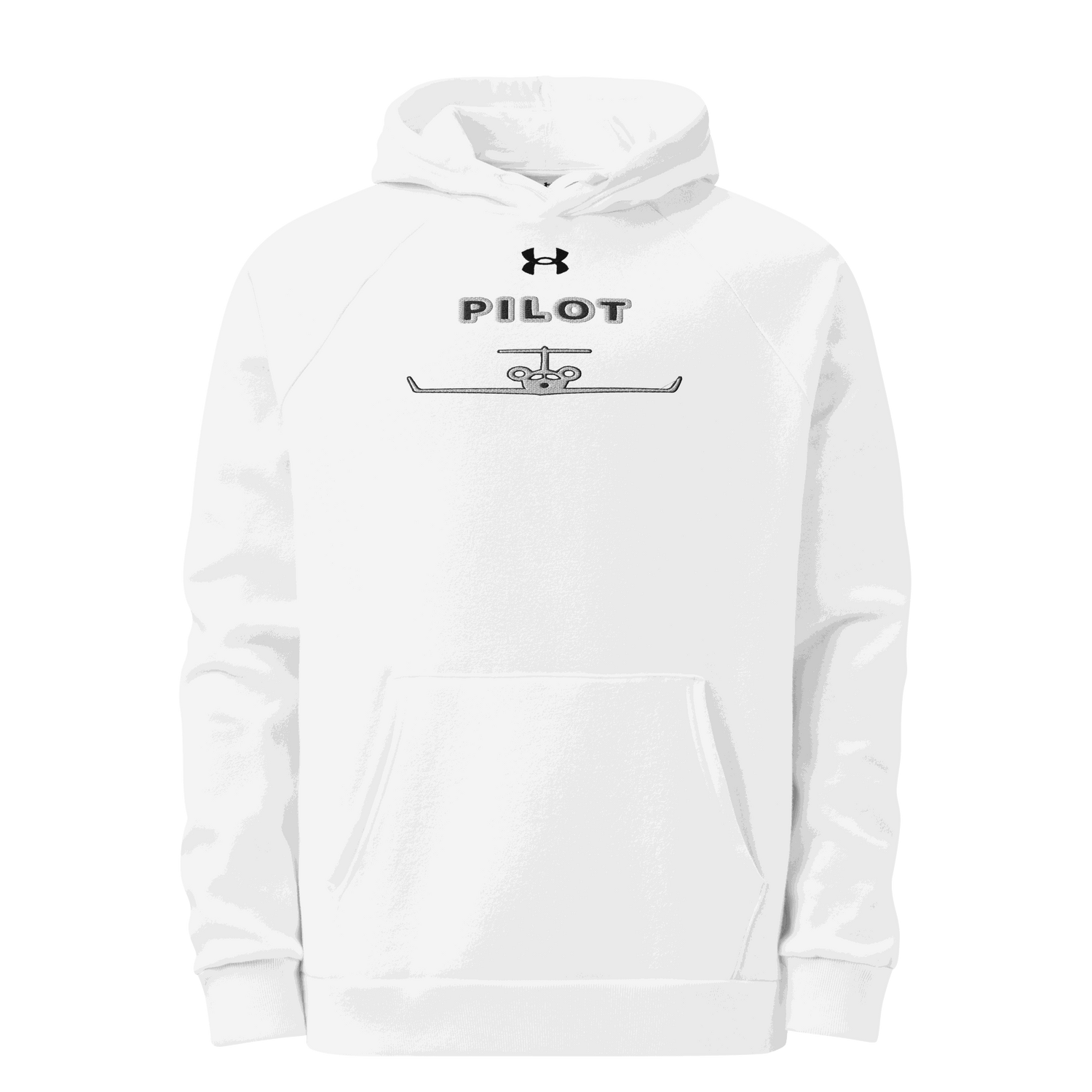 White Under Armour Pilot hoodie with airplane graphic and front pouch pocket