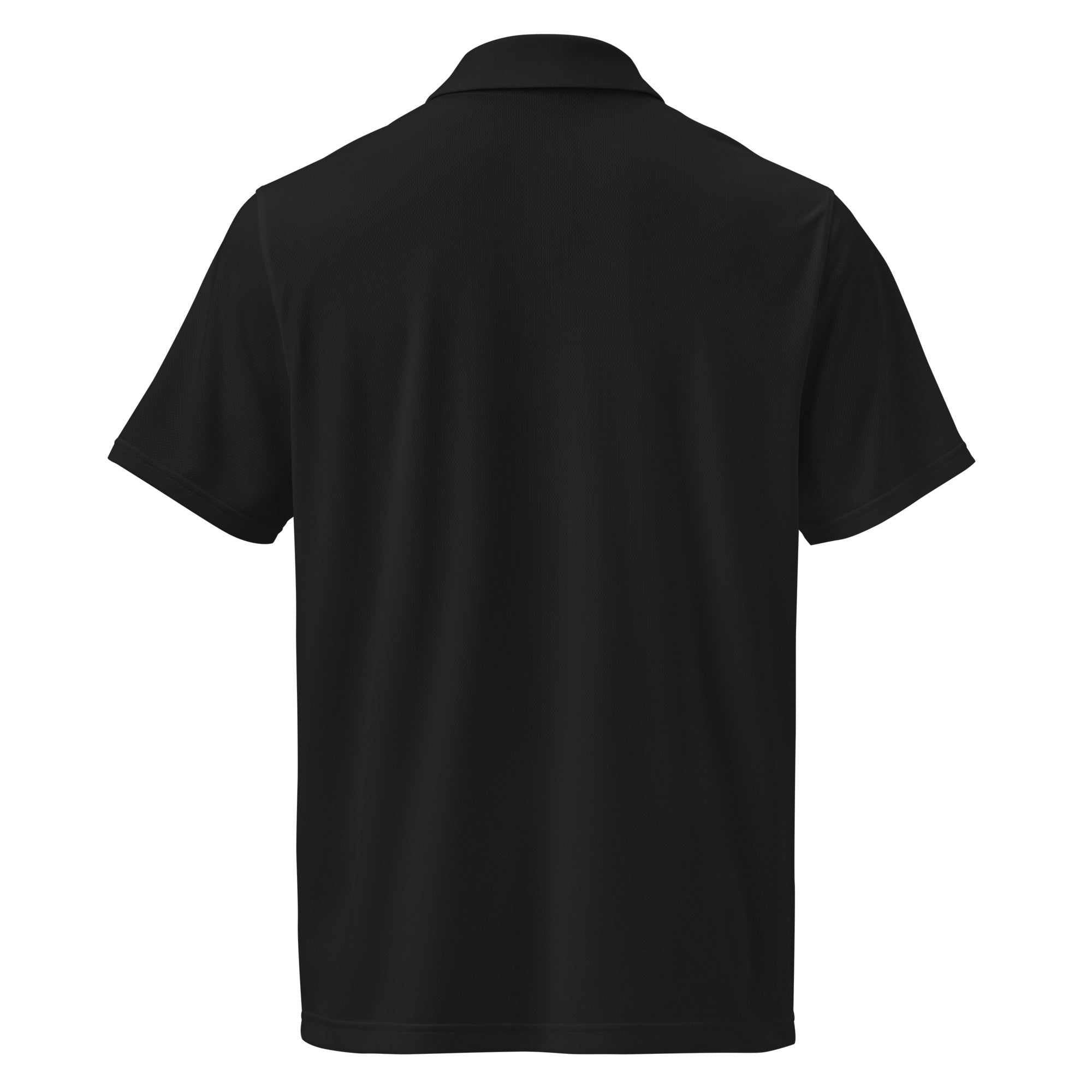Black performance fit polo shirt with embroidered private jet logo, moisture-wicking and breathable fabric.