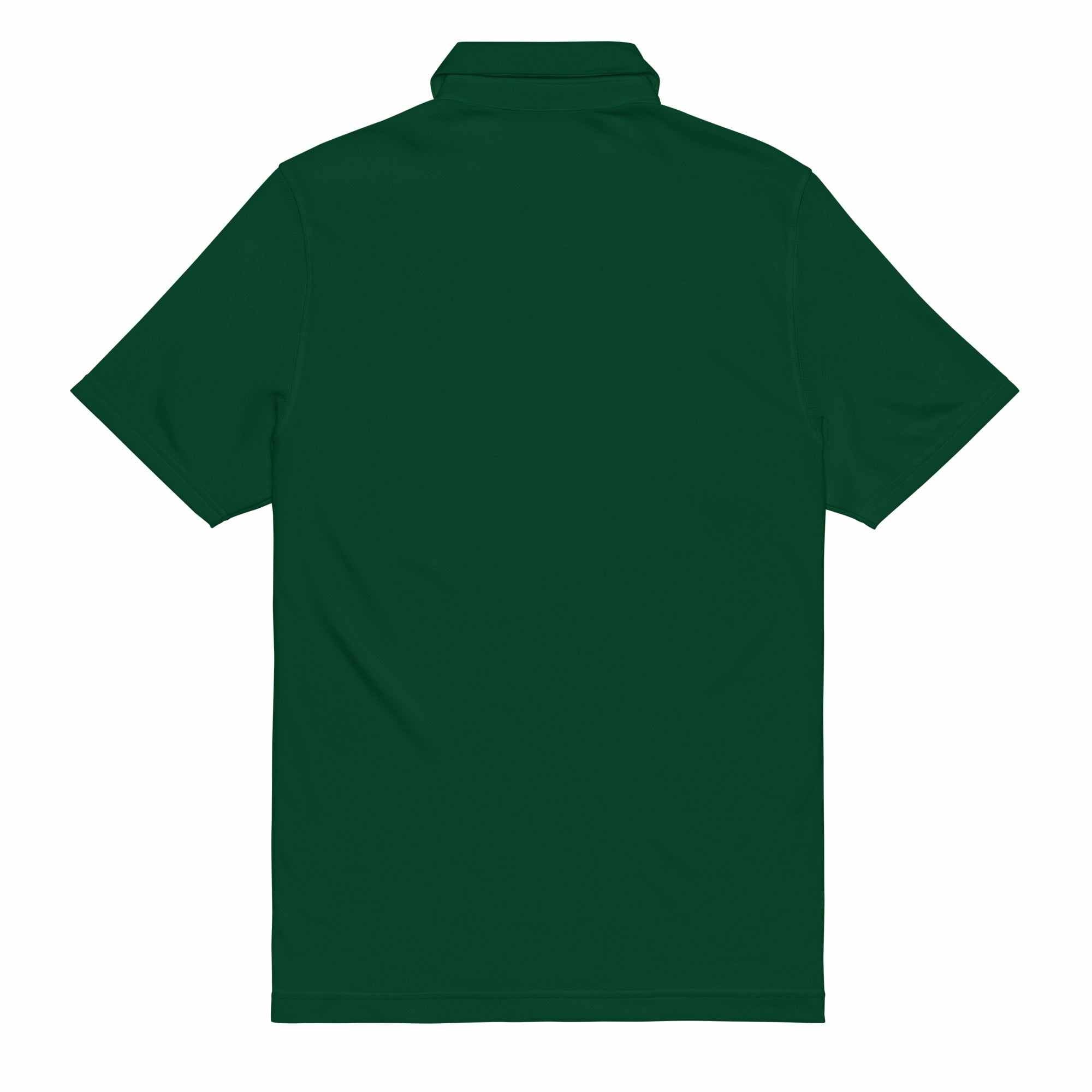Back view of dark green pilot polo shirt with embroidered private jet logo, performance fit, moisture-wicking fabric, and collared short sleeves.