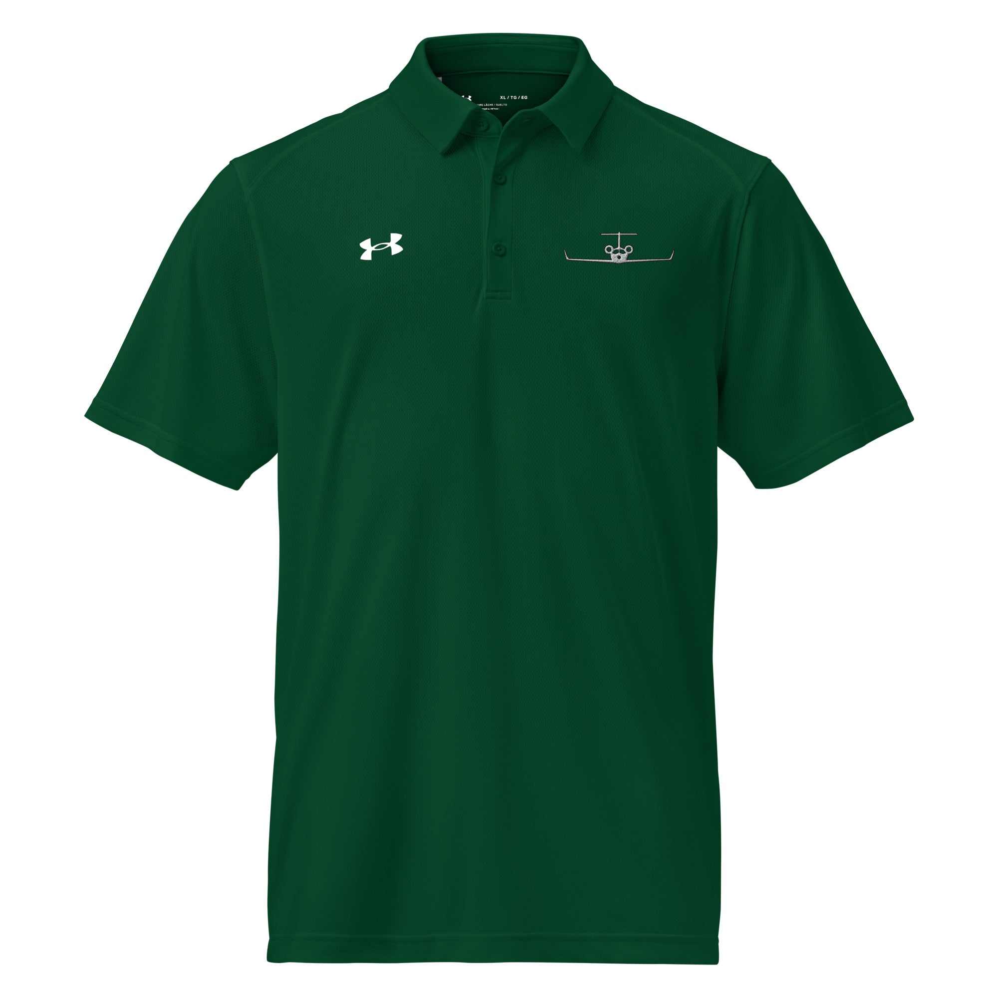 Green performance polo shirt with embroidered private jet logo and Under Armour emblem