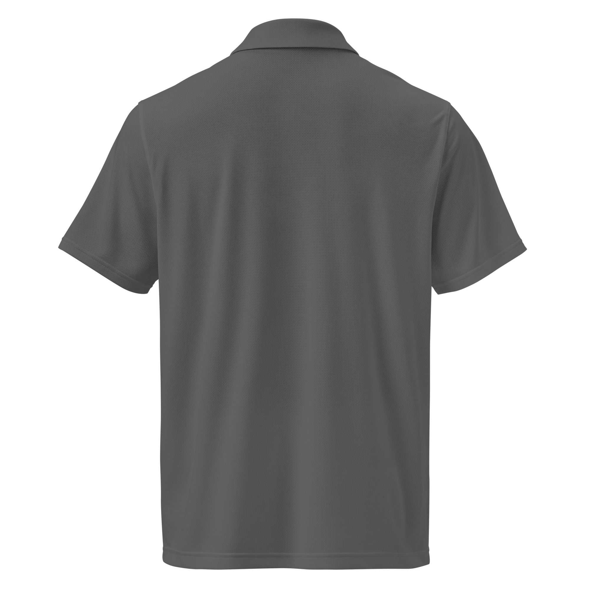 Back view of charcoal gray pilot polo shirt with embroidered private jet logo, short sleeves, and performance fit