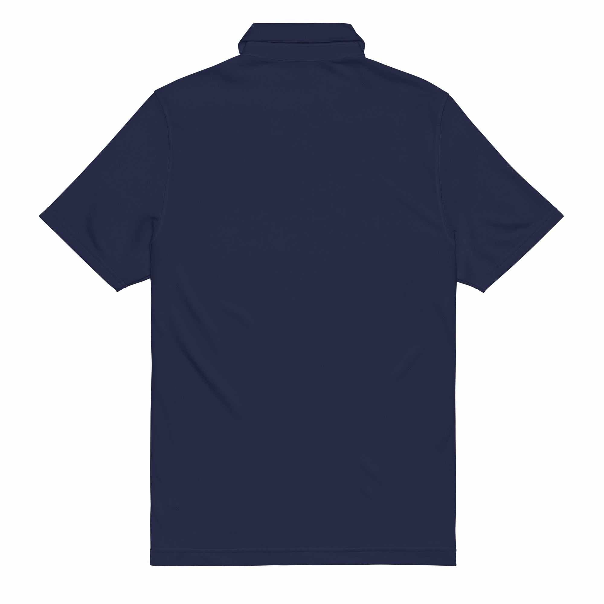 Back view of navy pilot polo shirt with embroidered private jet logo, short sleeves, and performance fit for travel and golf