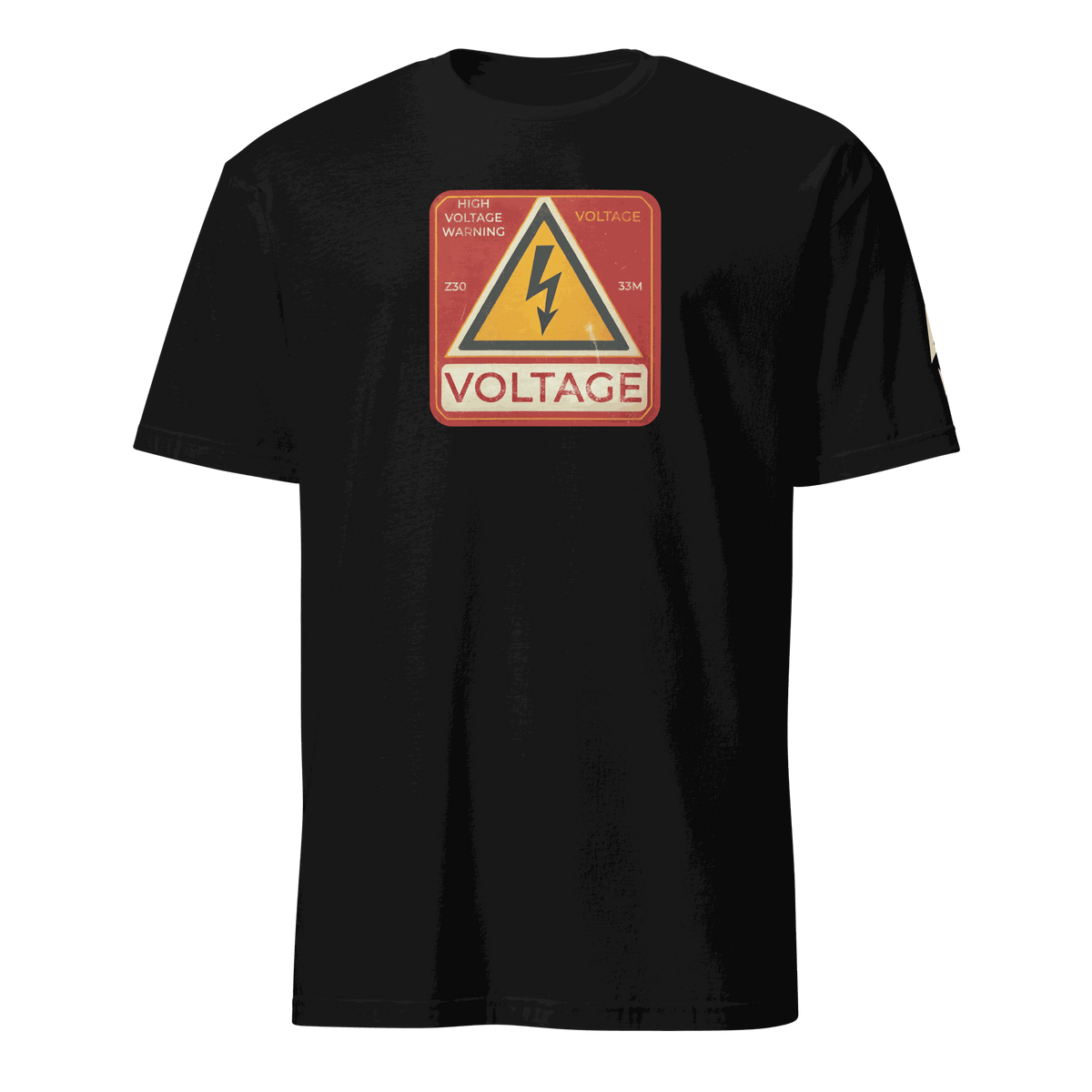 Black High Voltage Warning Sign T-shirt with retro industrial design and yellow caution symbol on front