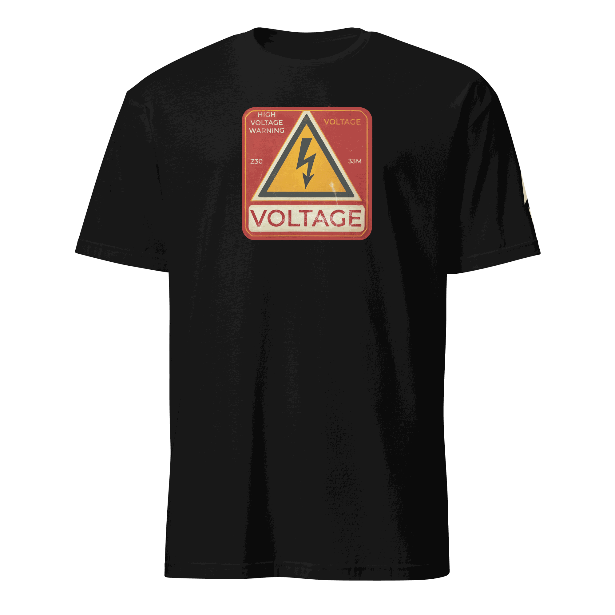 Black High Voltage Warning Sign T-shirt with retro industrial design and yellow caution symbol on front