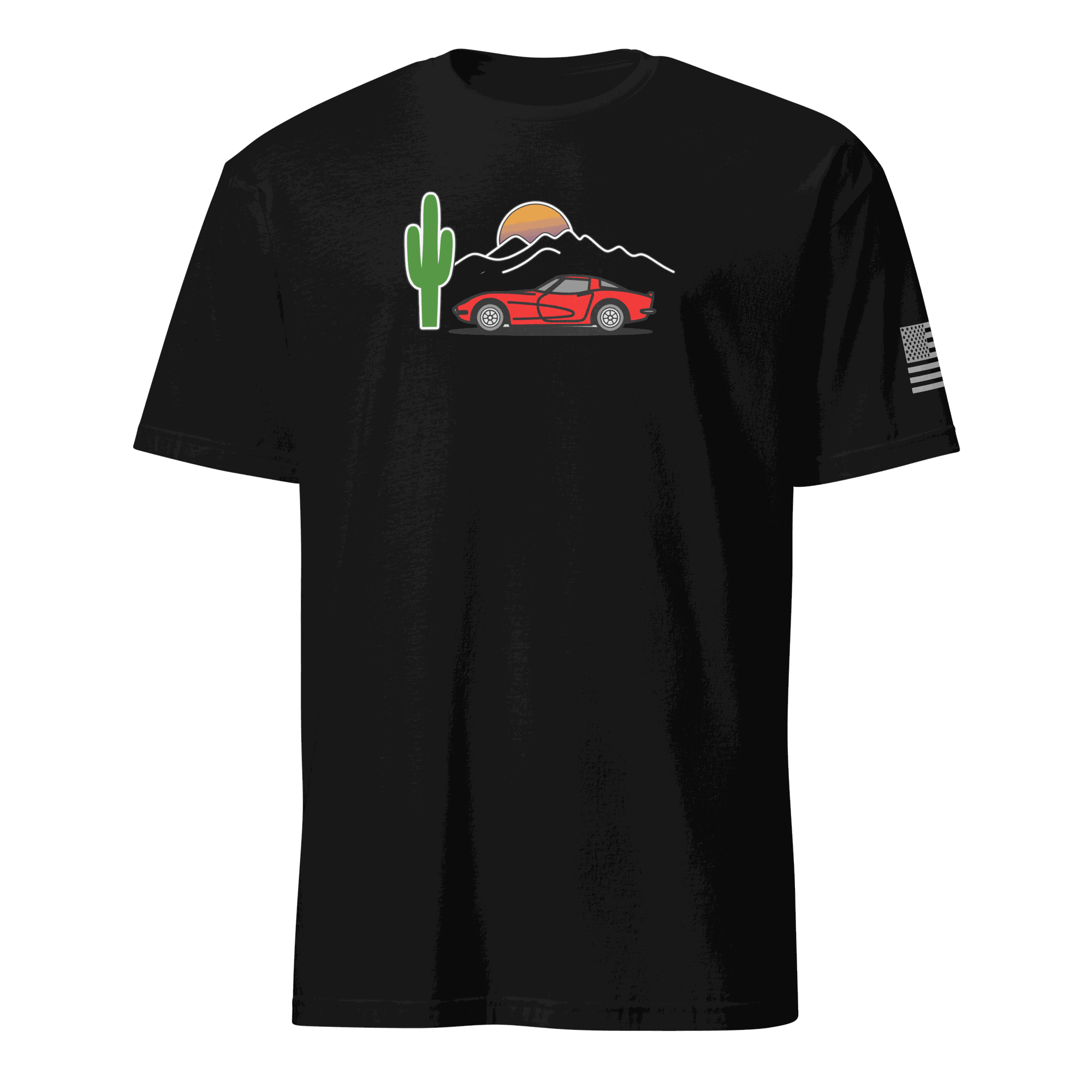Black T-shirt with Retro Corvette Sunset graphic featuring a red Corvette, cactus, mountains, and setting sun on the front.
