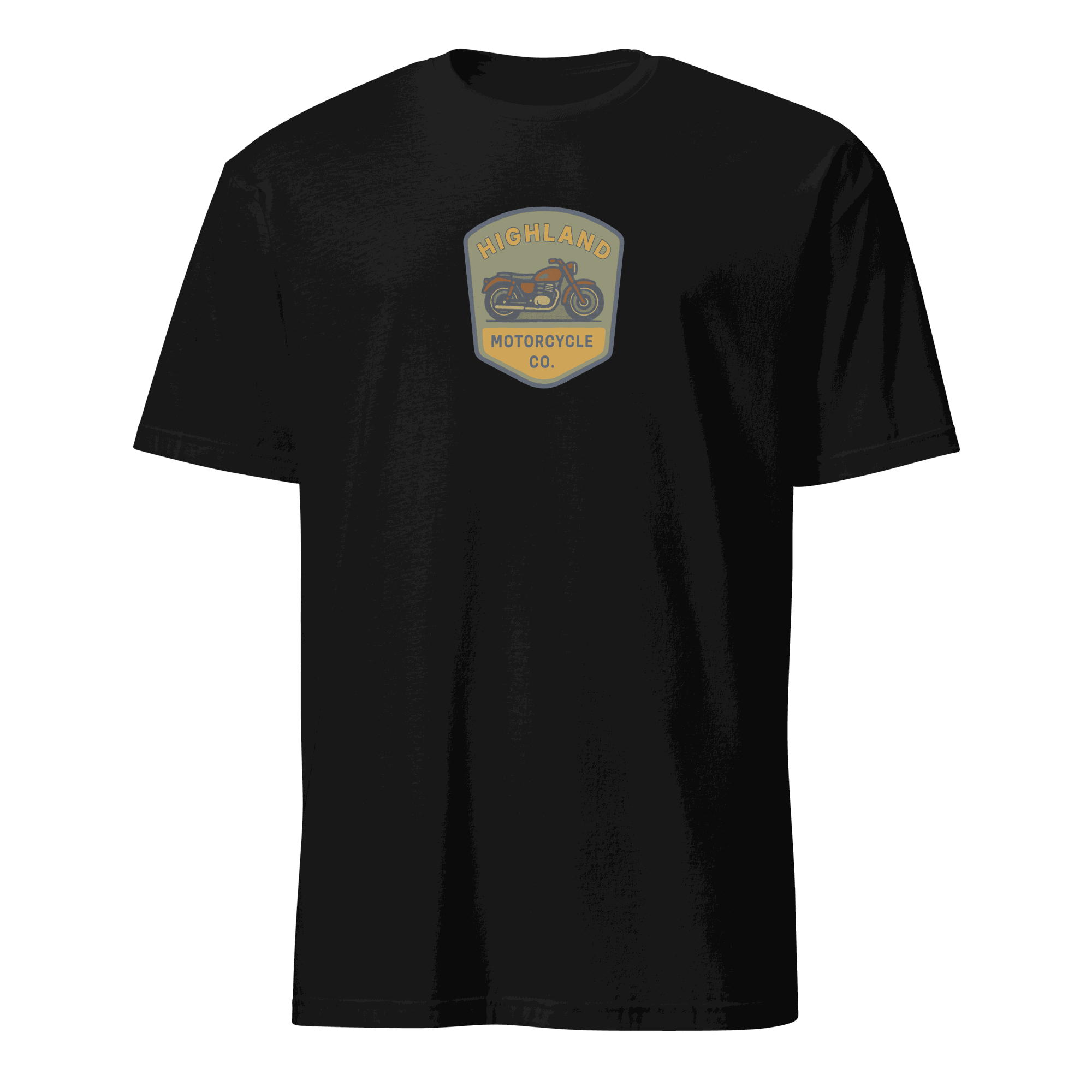 Black Vintage Biker T-Shirt with Highland Motorcycle Co. logo, made of 100% organic cotton, classic fit for motorcycle enthusiasts