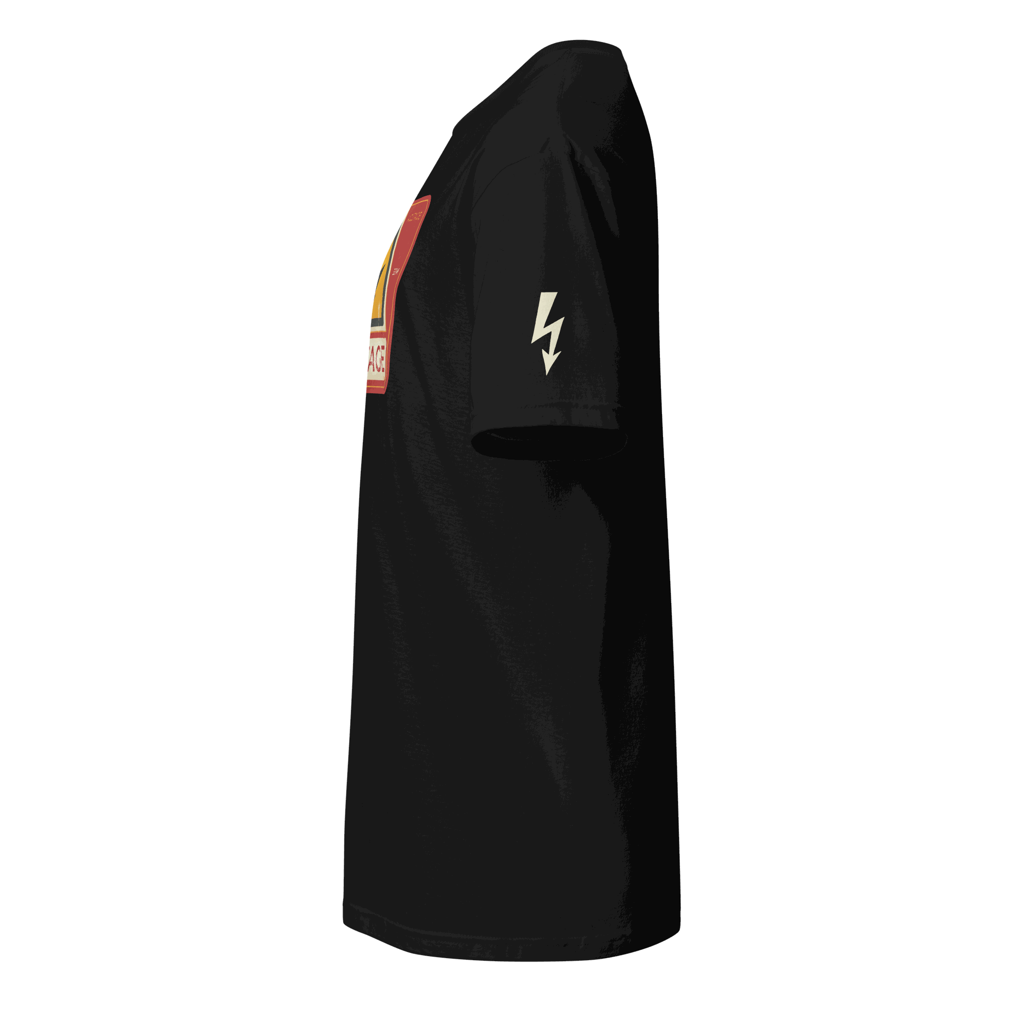 Side view of black High Voltage Warning Sign T-shirt with lightning bolt graphic on sleeve