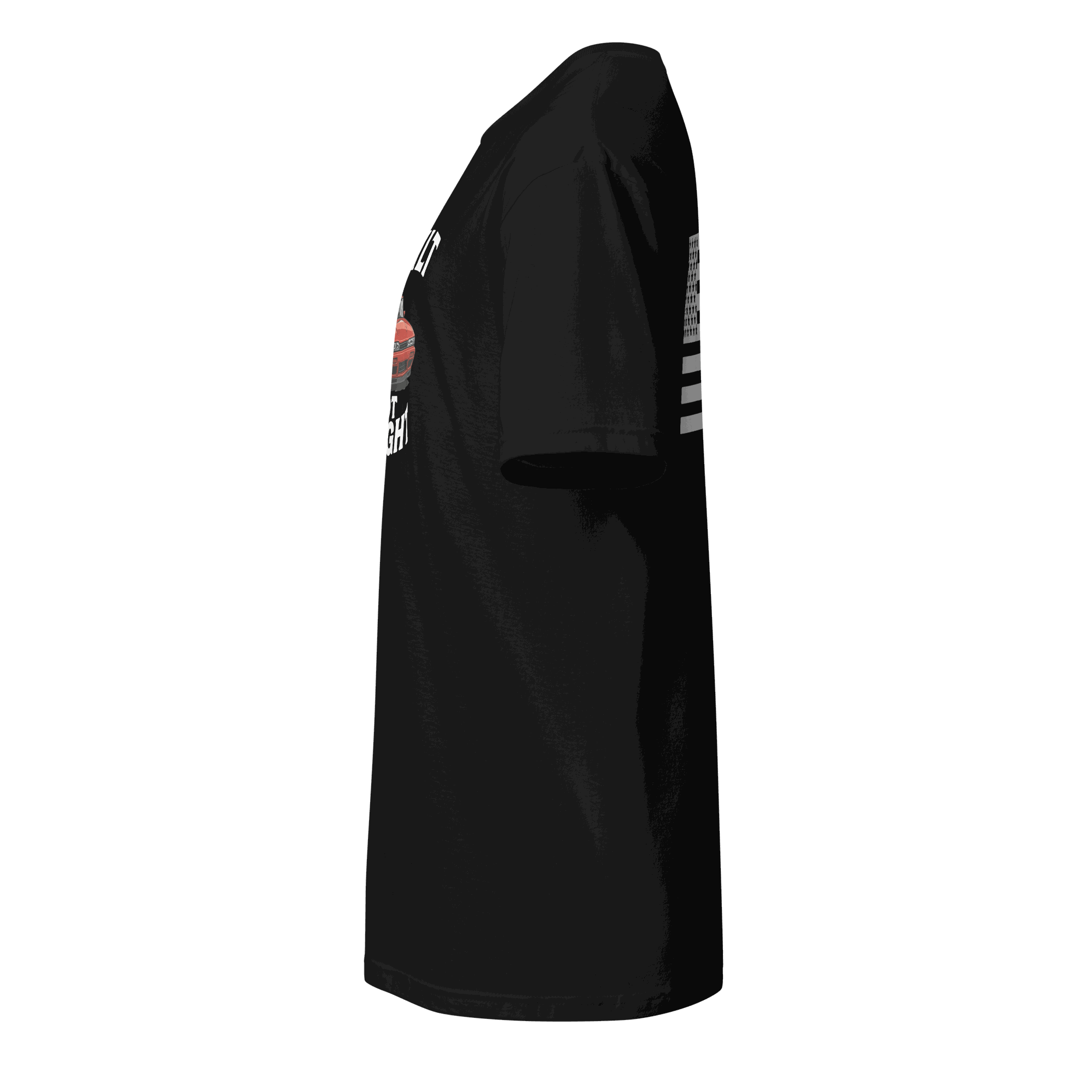 Black retro muscle car enthusiast t shirt side view with vintage car graphic and bold text