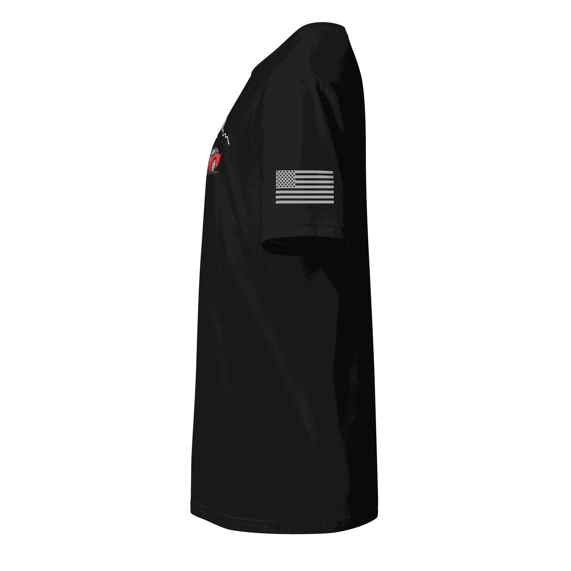 Black Retro Corvette Sunset vintage car enthusiast t-shirt with American flag sleeve patch side view