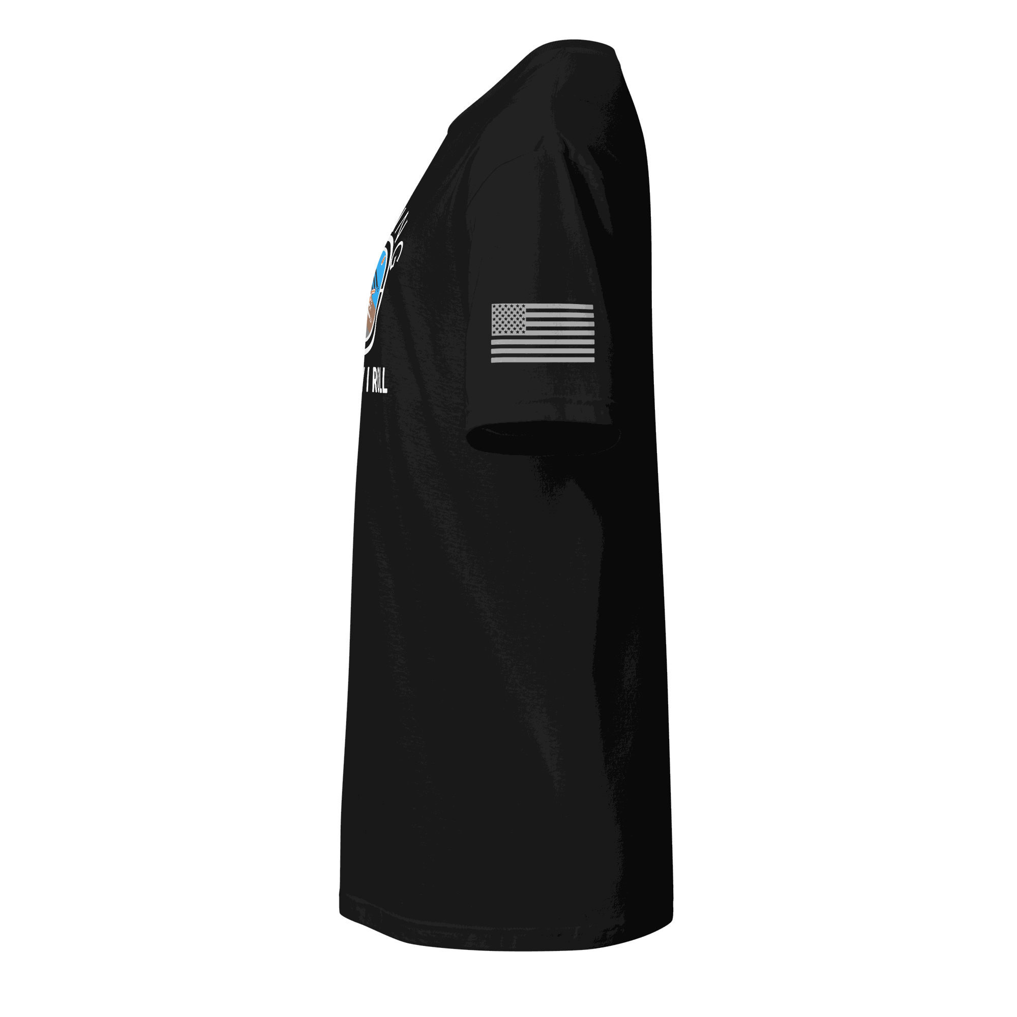 Black flying machine t-shirt with American flag on sleeve, side view