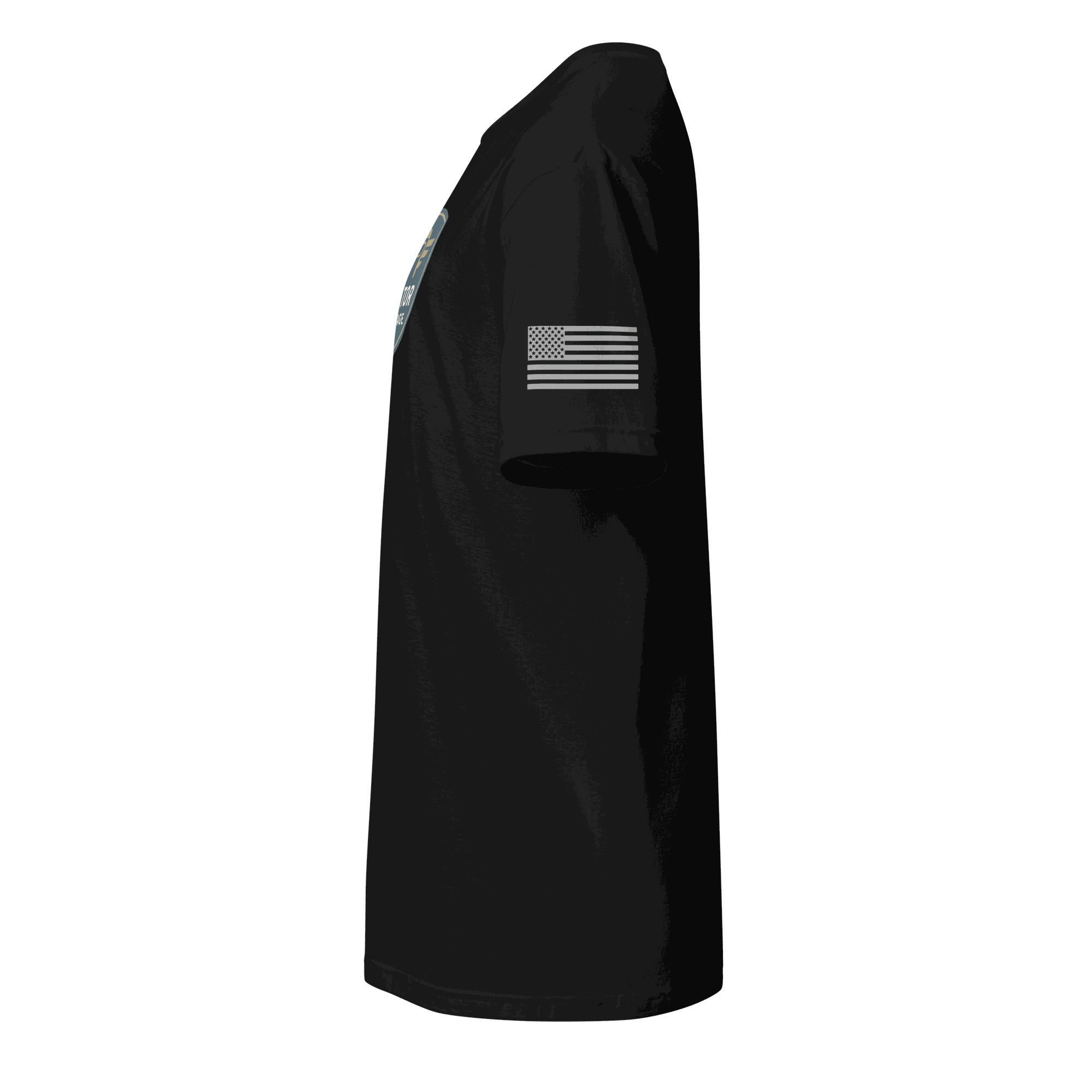 Side view of black vintage aviation t-shirt with American flag patch on sleeve made of 100% ring-spun cotton