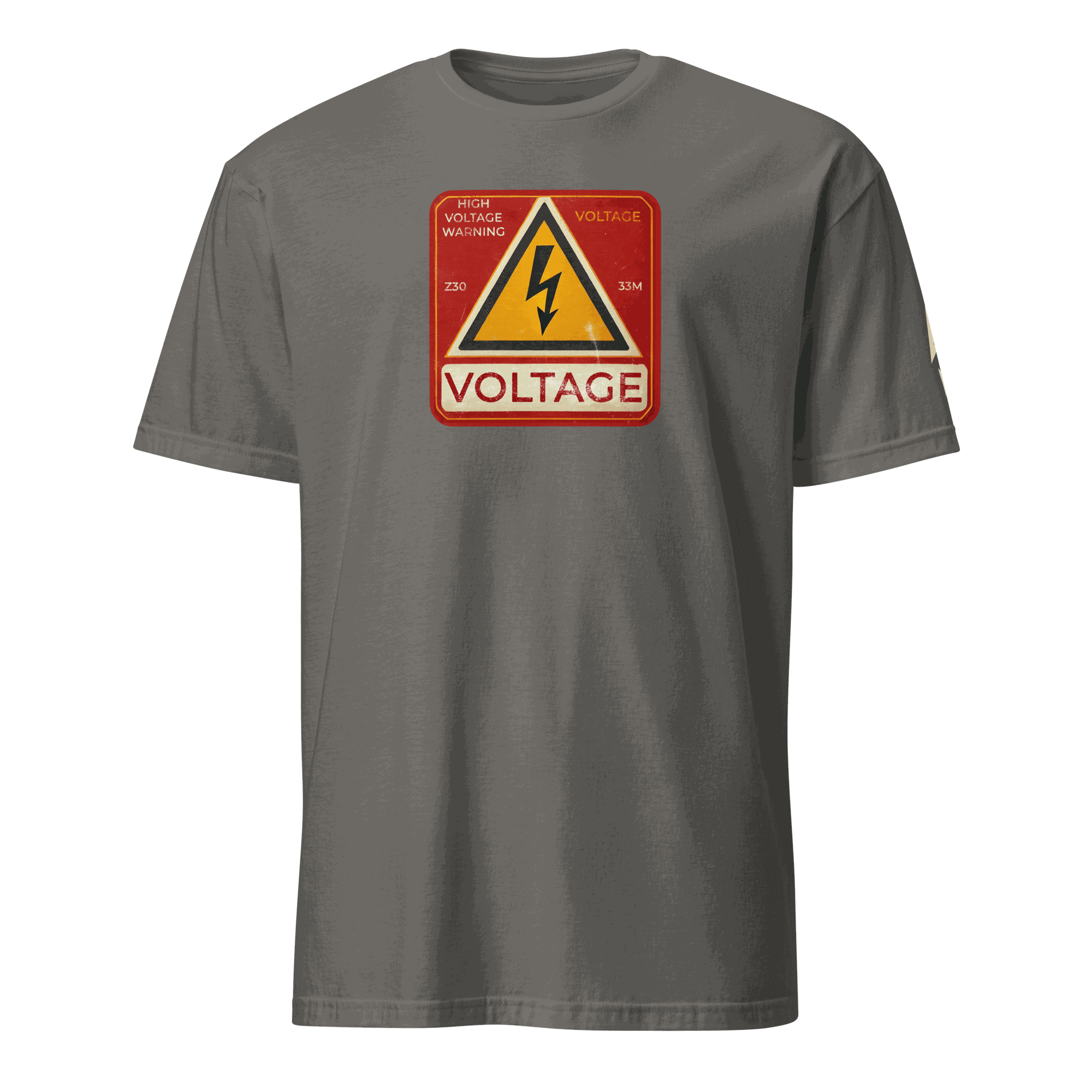 Gray High Voltage Warning Sign T-shirt with retro industrial voltage graphic and lightning bolt design