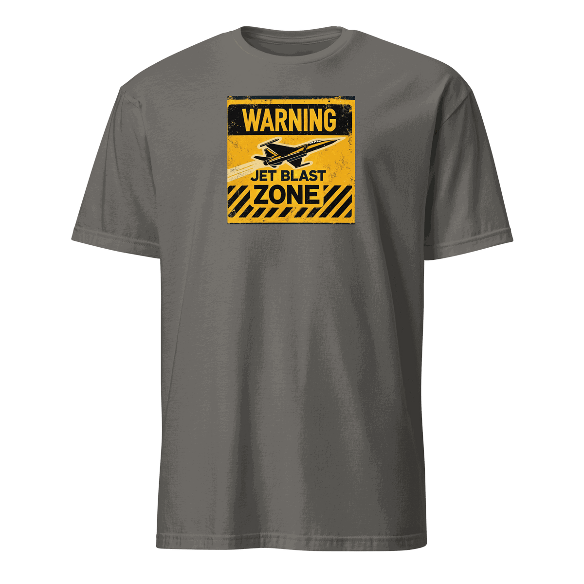 Gray Jet Blast Zone t-shirt with yellow warning sign and airplane graphic, pilot gift idea