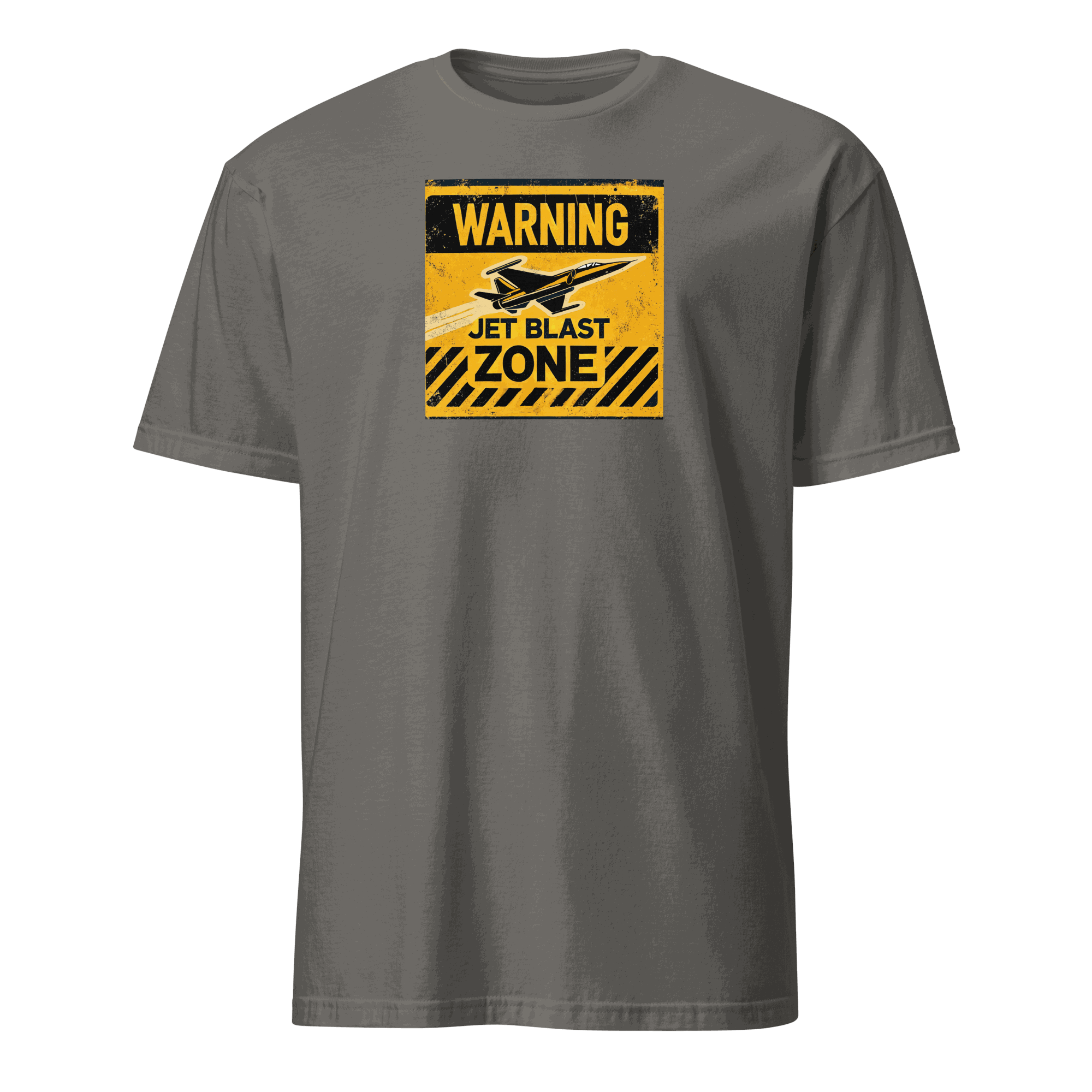 Gray Jet Blast Zone t-shirt with yellow warning sign and airplane graphic, pilot gift idea