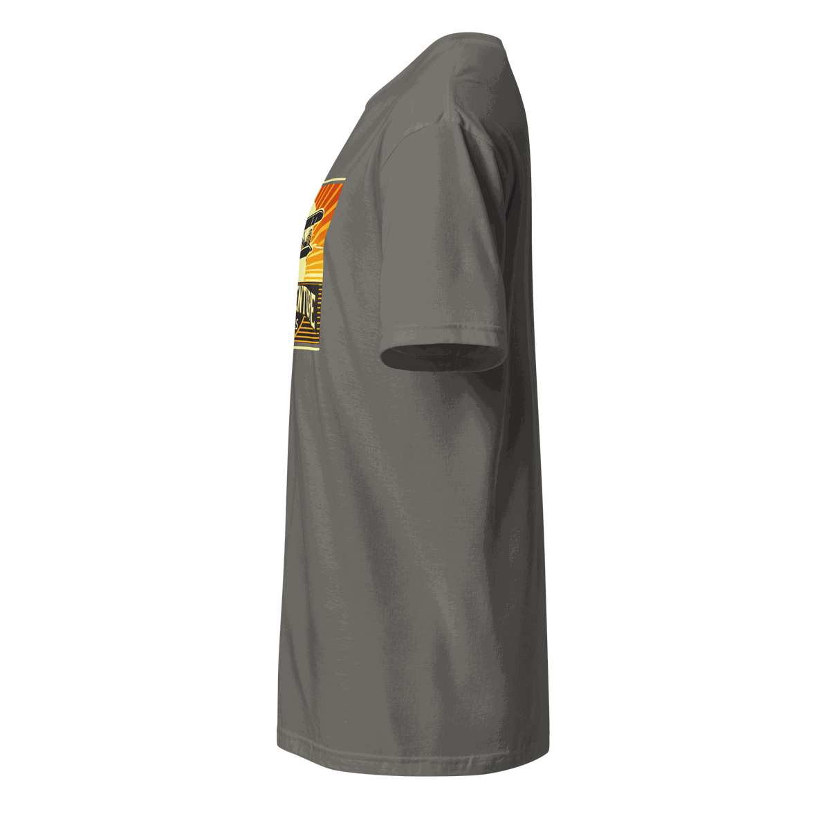 side view of vintage aviation graphic tee with retro pilot design on gray fabric