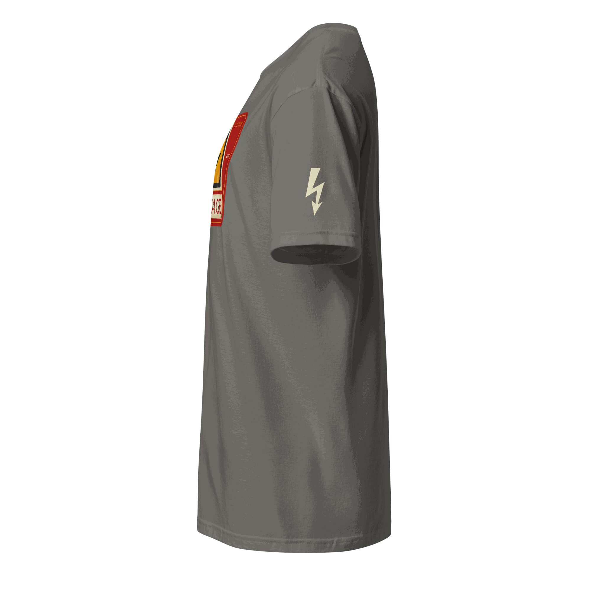 Gray High Voltage Warning Sign T-shirt with lightning bolt on sleeve, retro industrial style design