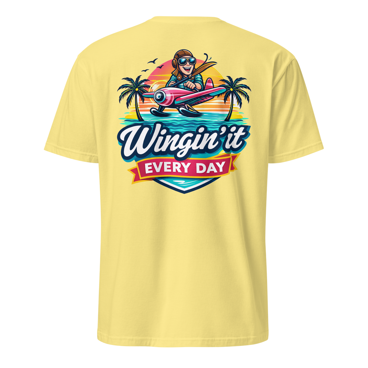 Aviation t-shirt featuring 'Wingin' It Every Day' graphic with pilot and palm trees on the back.