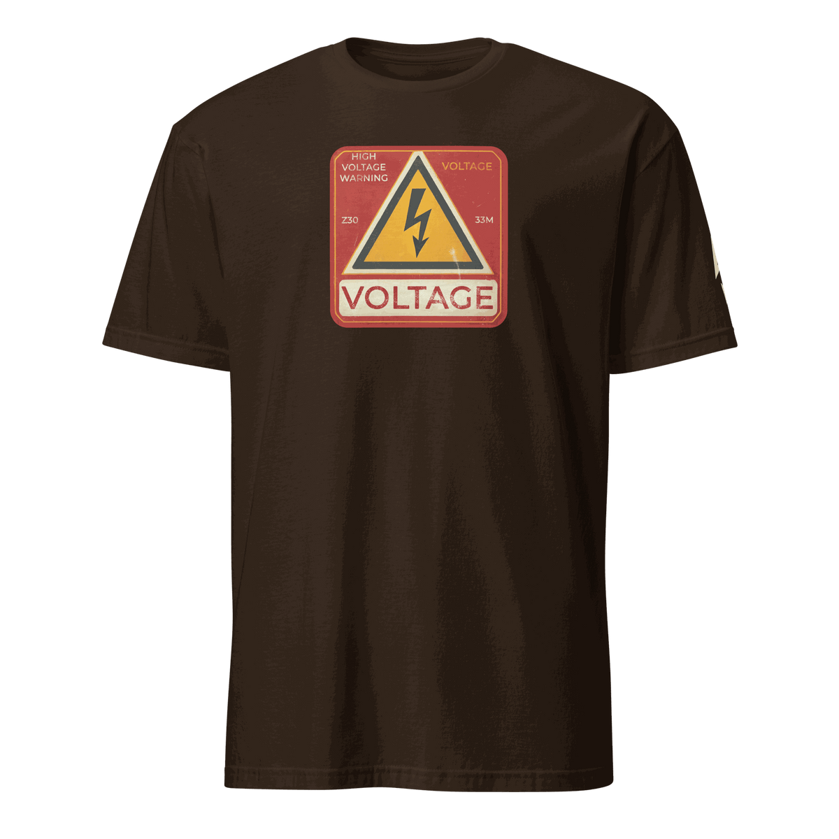 Brown High Voltage Warning Sign T-shirt with retro industrial design and bold voltage icon on front