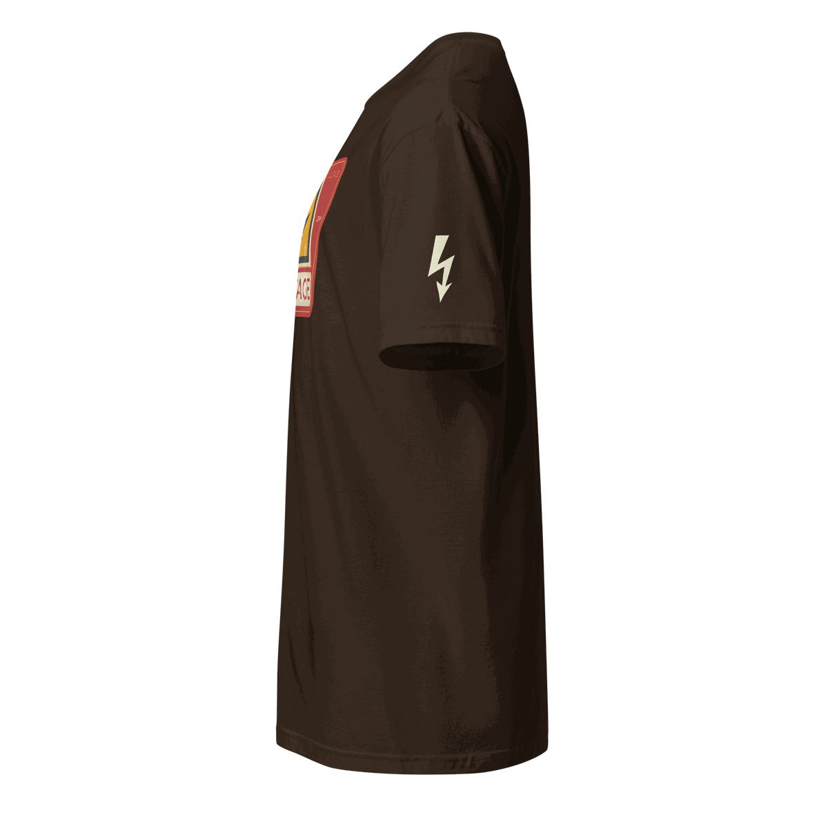 Side view of brown High Voltage Warning Sign T-shirt with lightning bolt on sleeve and retro industrial design on front